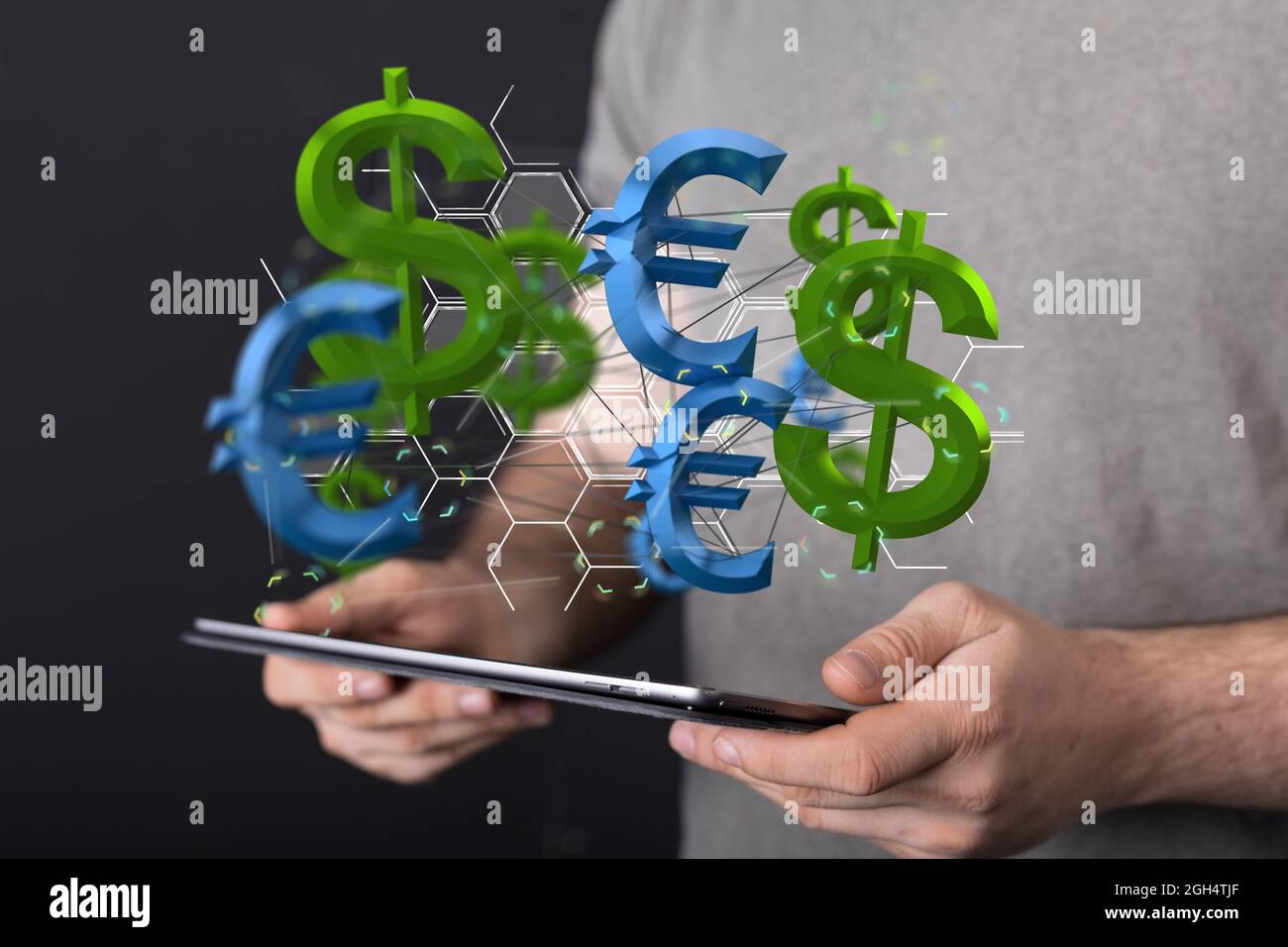 Un concetto digitale del dollaro contro la rete dell'euro, i segni dell'euro e del dollaro fluttuano sulla mano Foto Stock