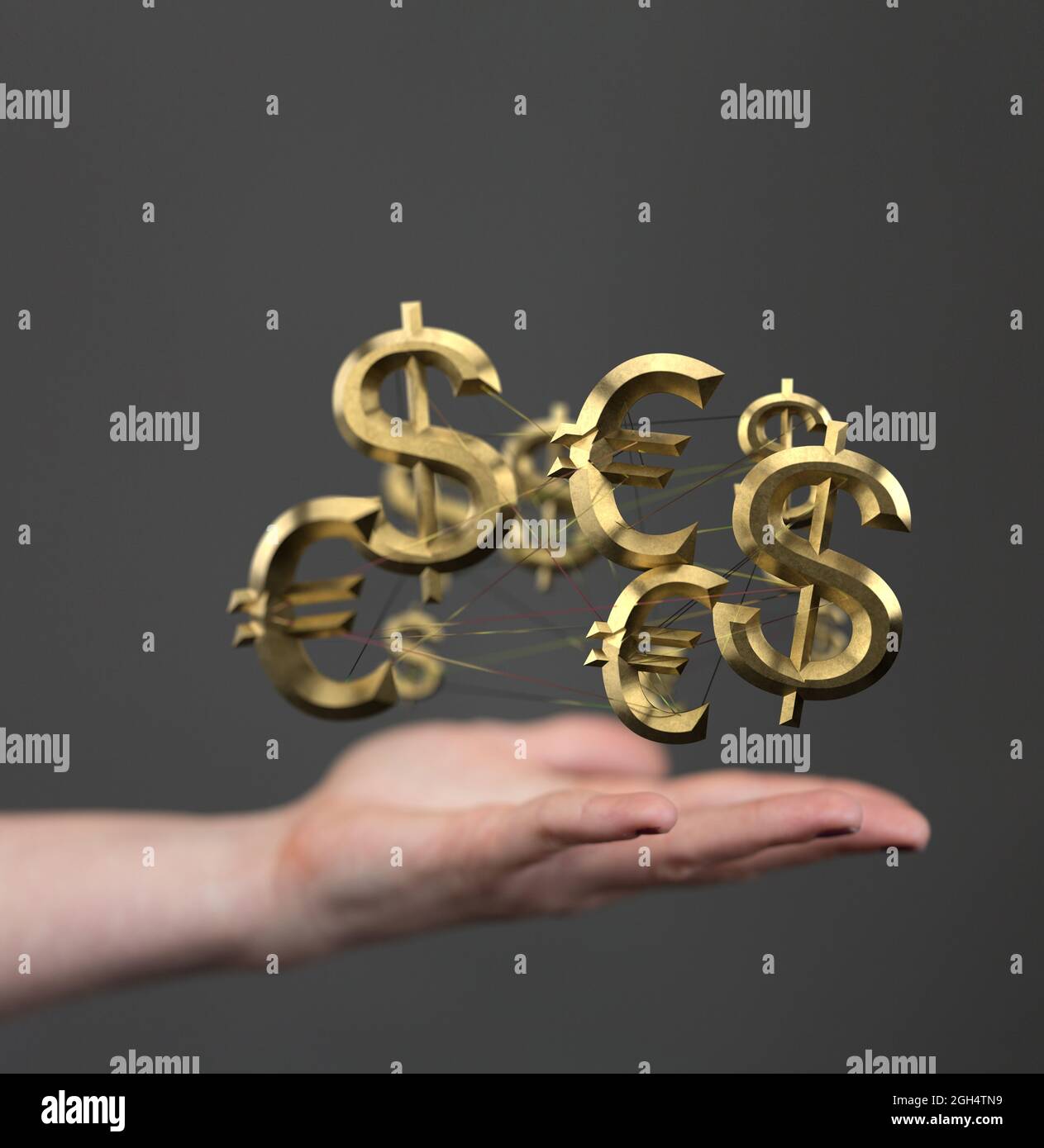 Un concetto digitale del dollaro contro la rete dell'euro, i segni dell'euro e del dollaro fluttuano sulla mano Foto Stock