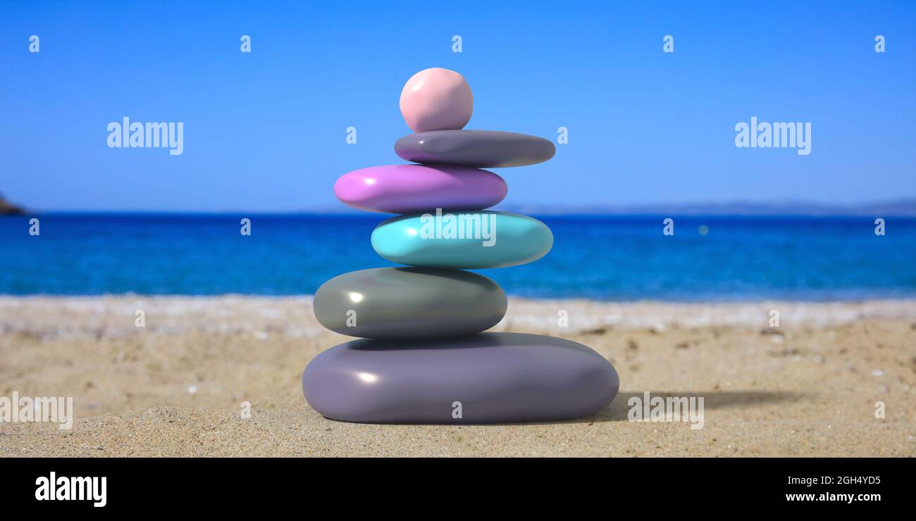 Pietre di Zen, piramide smooth ciottoli impilati equilibrio su spiaggia sabbiosa, mare sfocato e cielo sfondo. Terapia naturale olistica, wellness e spa concetto. Foto Stock