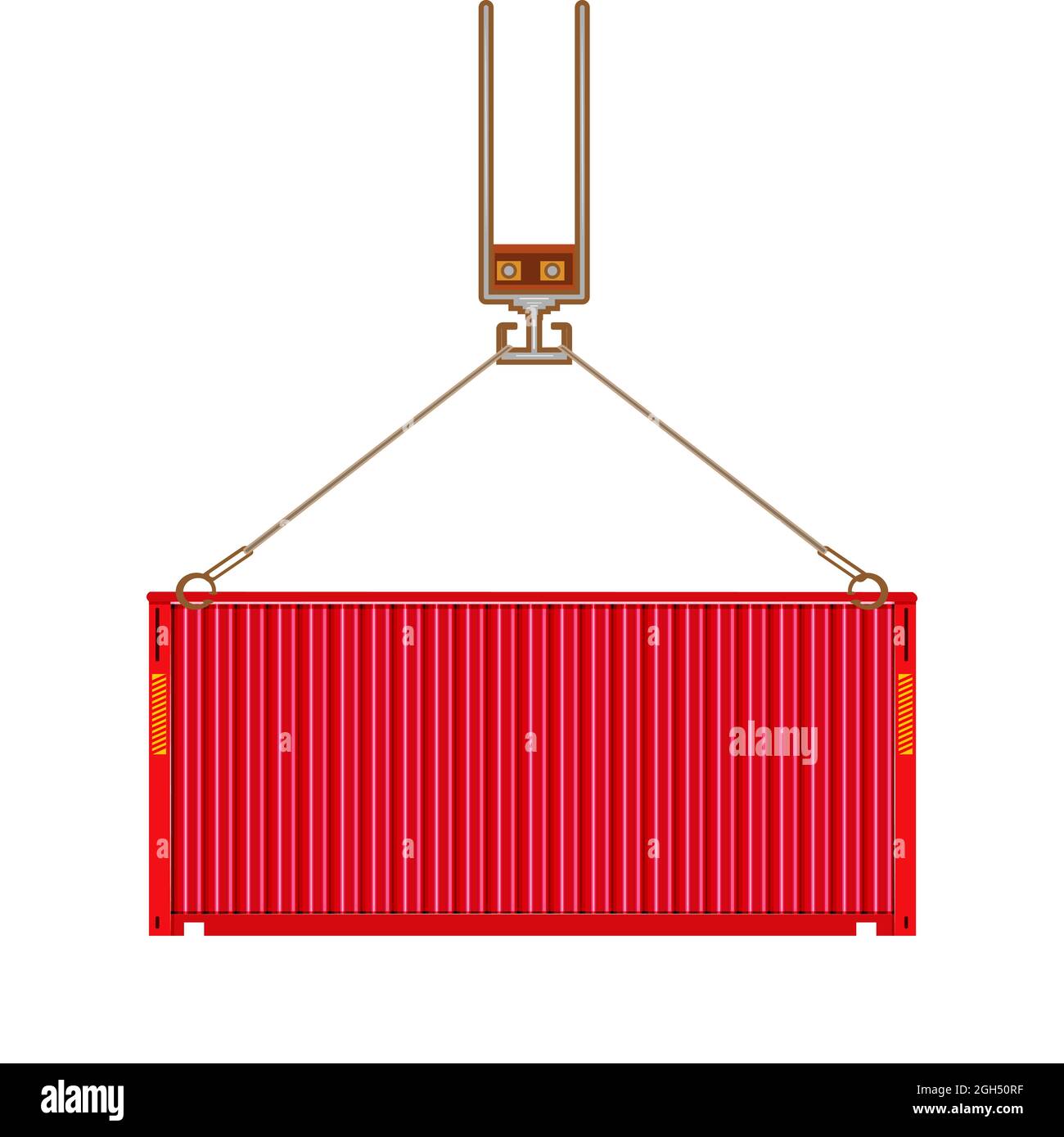 Contenitore di spedizione appeso al gancio della gru isolato su sfondo bianco. La gru portuale solleva il contenitore rosso carico. Vista frontale. Illustrazione vettoriale Illustrazione Vettoriale