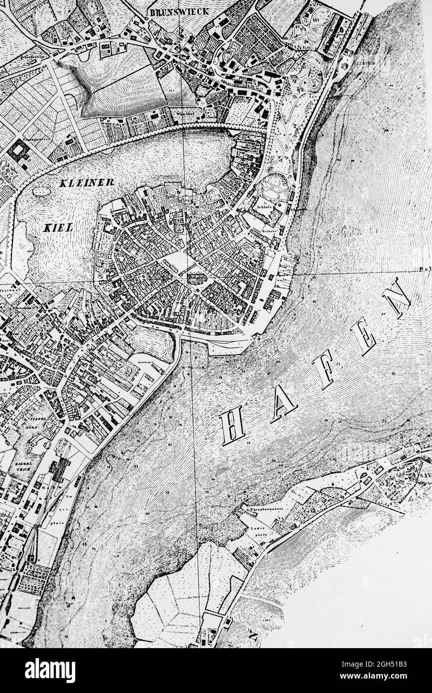 Dettaglio della mappa storica di Kiel e dei suoi dintorni nel 1853, scala 1:5000 fuss (piedi), Schleswig-Holstein, Germania settentrionale, Europa Foto Stock