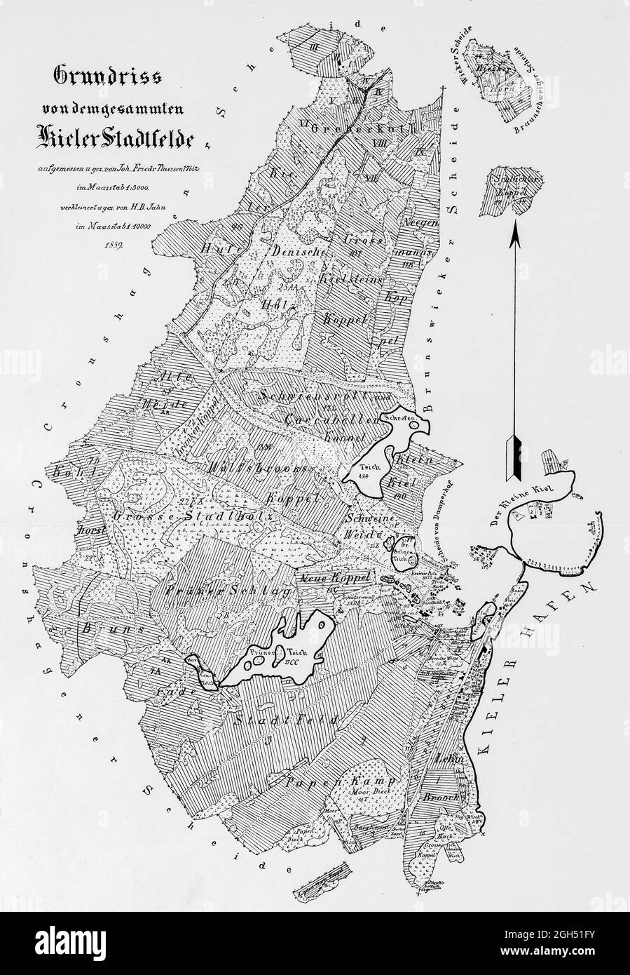 Layout di tutte le tenute del paese Kiel, illustrazione storica e mappa del 1889, Kiel, Stato federale dello Schleswig-Holstein, Germania settentrionale, Europa Foto Stock