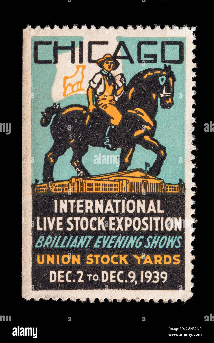 Francobollo del Chicago International Live Stock Exposition 1939. Cowboy su un cavallo nero sopra la fiera. "Spettacoli serali brillanti" Foto Stock