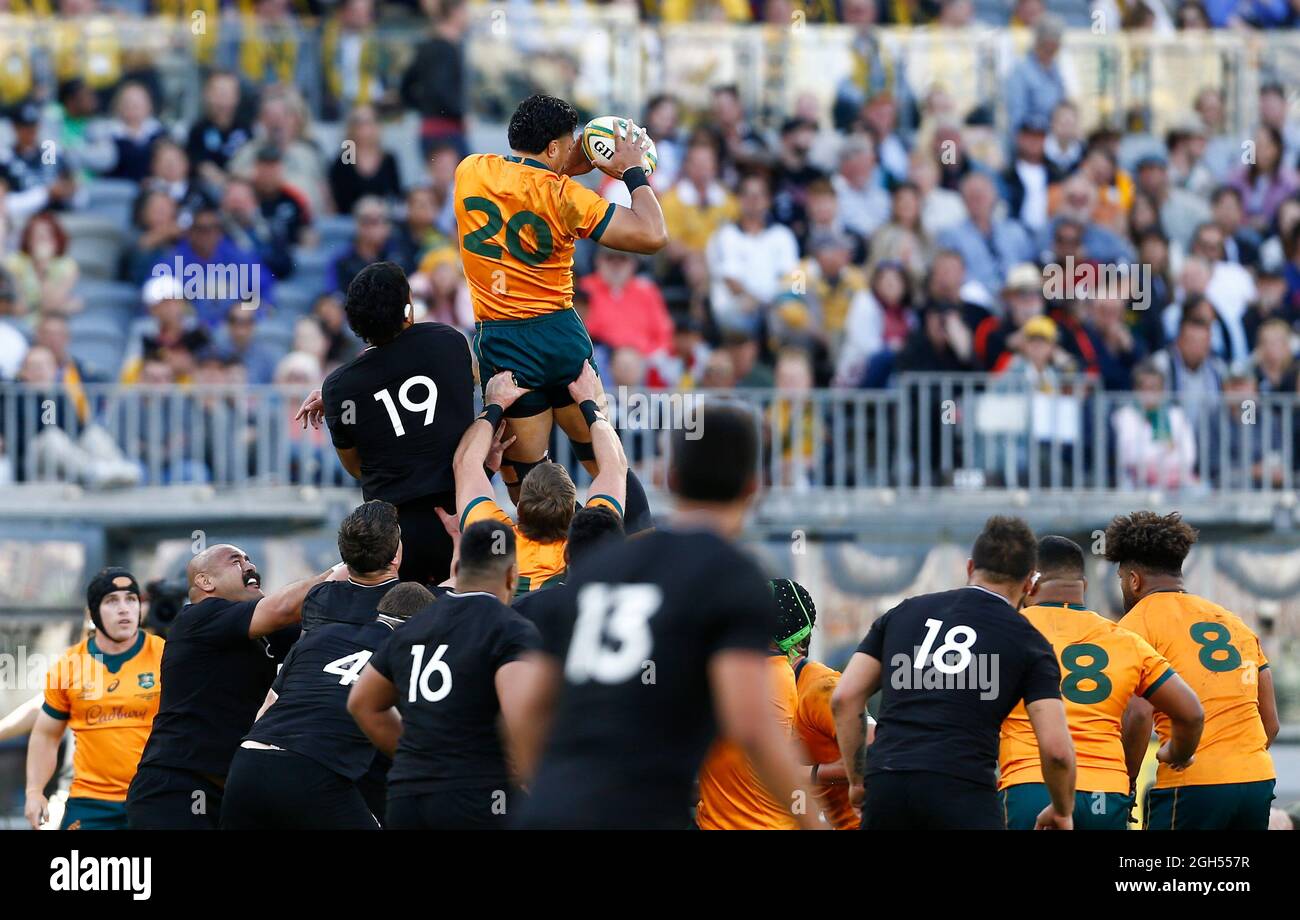 5 settembre 2021; Optus Stadium, Perth, Australia: Bledisloe Cup International rugby, Australia versus New Zealand; Pete Samu dei Wallabies vince la line out Foto Stock