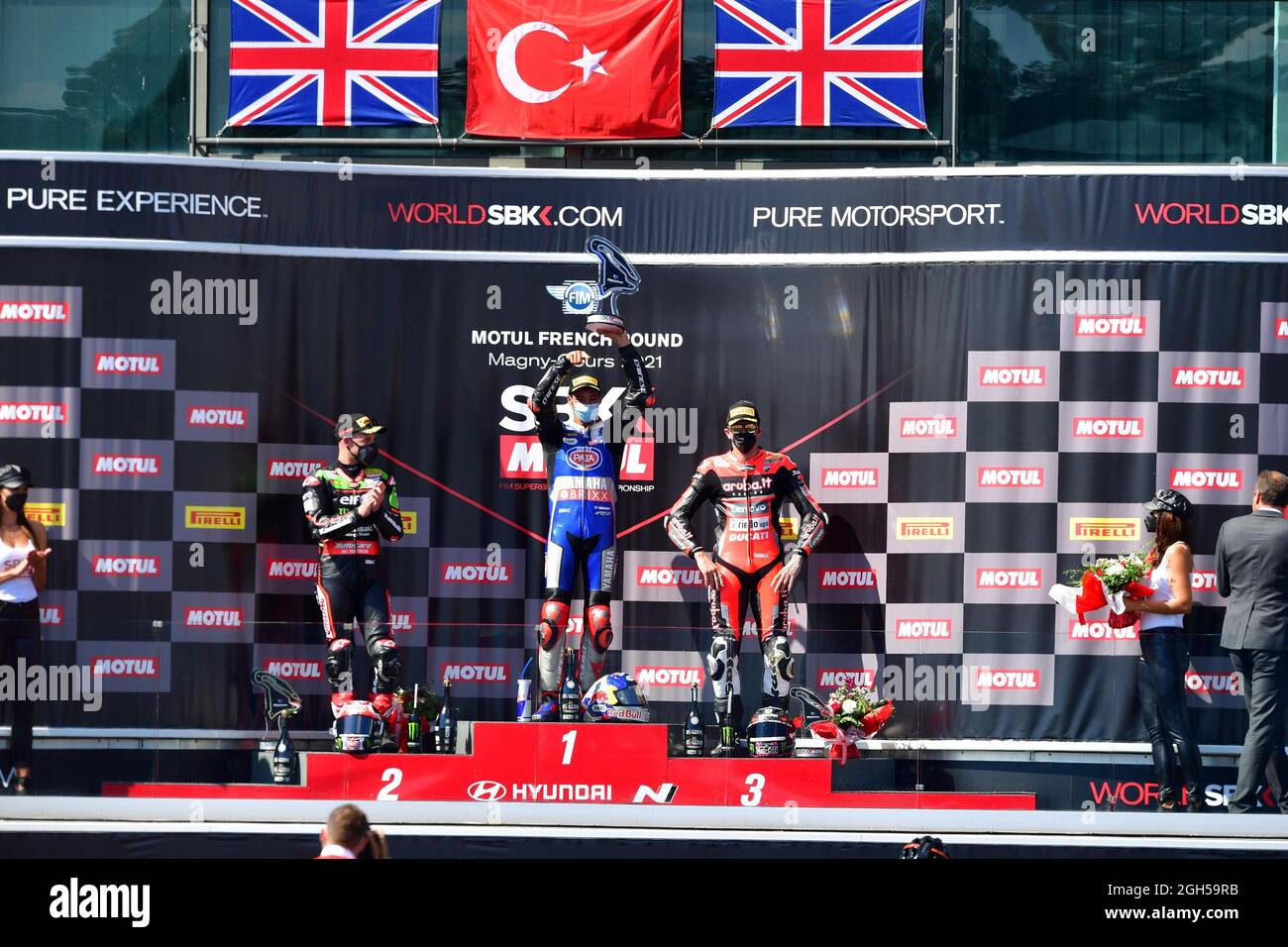 Circuito Magny-Cours, Magny-Cours, Francia, 05 settembre 2021, Podio 1° Toprak Razgatlioglu 2° Jonathan Rea 3° Scott Redding durante il Motul French Round - FIM Superbike World Championship 2021 - Race2 - World Superbike - SBK Foto Stock