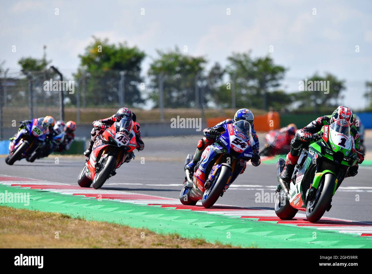 Circuito Magny-Cours, Magny-Cours, Francia, 05 settembre 2021, n° 1 Jonathan Rea n° 54 Toprak Razgatlioglu n° 45 Scott Redding durante il Motul French Round - FIM Superbike World Championship 2021 - Race2 - World Superbike - SBK Foto Stock