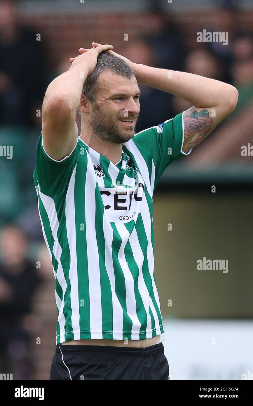 Robbie Dale of Blyth Spartans reagisce durante la partita della Vanarama National League North tra Blyth Spartans AFC e Brackley Town a Croft Park, Blyth sabato 4 settembre 2021. (Credit: Will Matthews | MI News) Credit: MI News & Sport /Alamy Live News Foto Stock