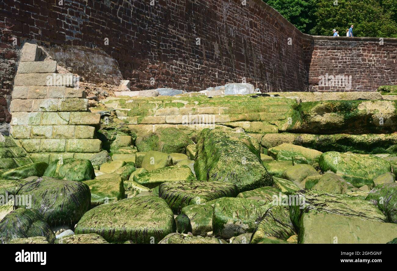 In parte demolito frangiflutti a Sprey Point, Teignmouth, visto dalla spiaggia con la bassa marea, mentre le persone camminano lungo il muro di mare sullo sfondo. Foto Stock