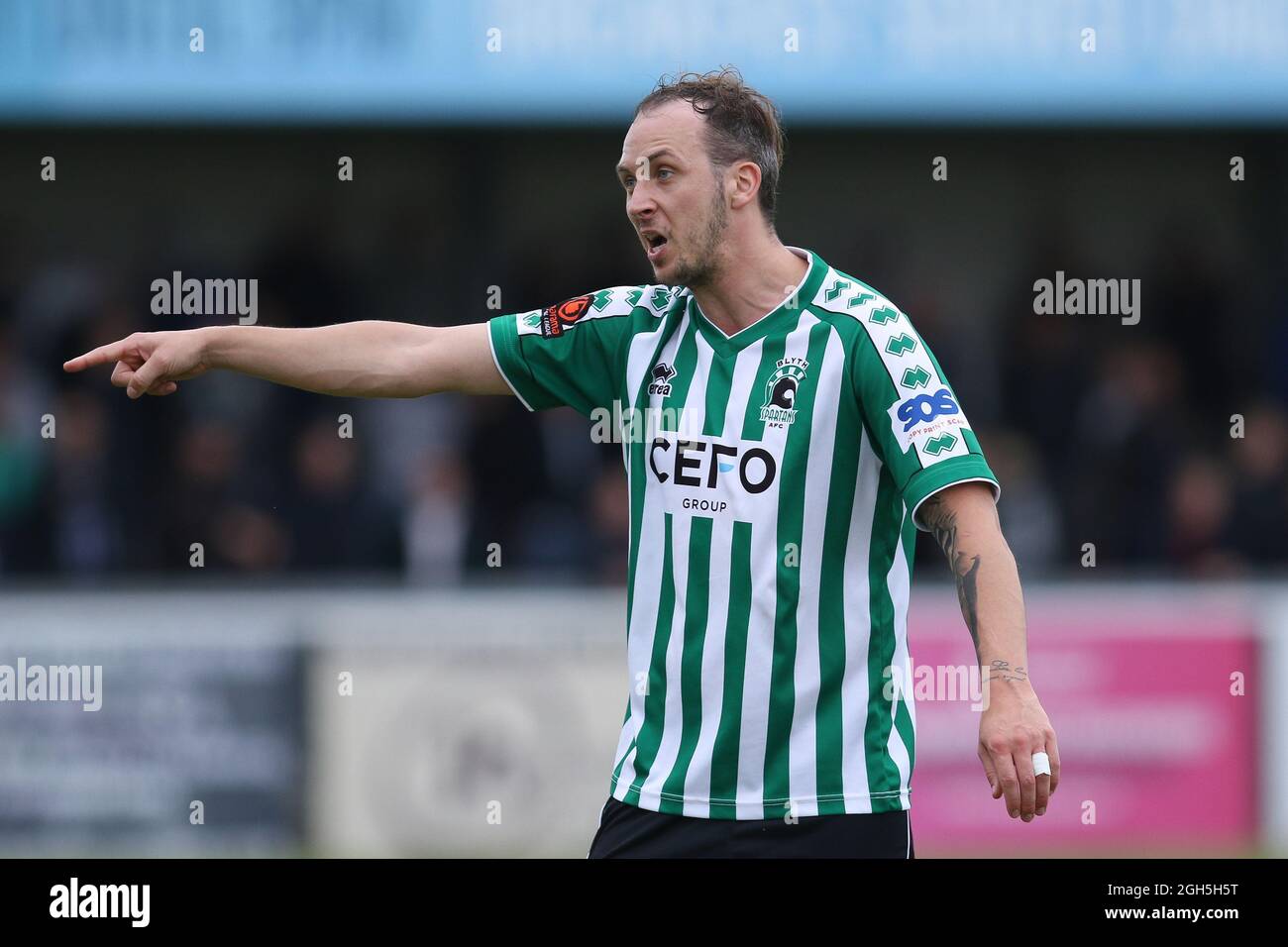 Sean Reid di Blyth Spartans reagisce durante la partita della Vanarama National League North tra Blyth Spartans AFC e Brackley Town a Croft Park, Blyth sabato 4 settembre 2021. (Credit: Will Matthews | MI News) Credit: MI News & Sport /Alamy Live News Foto Stock