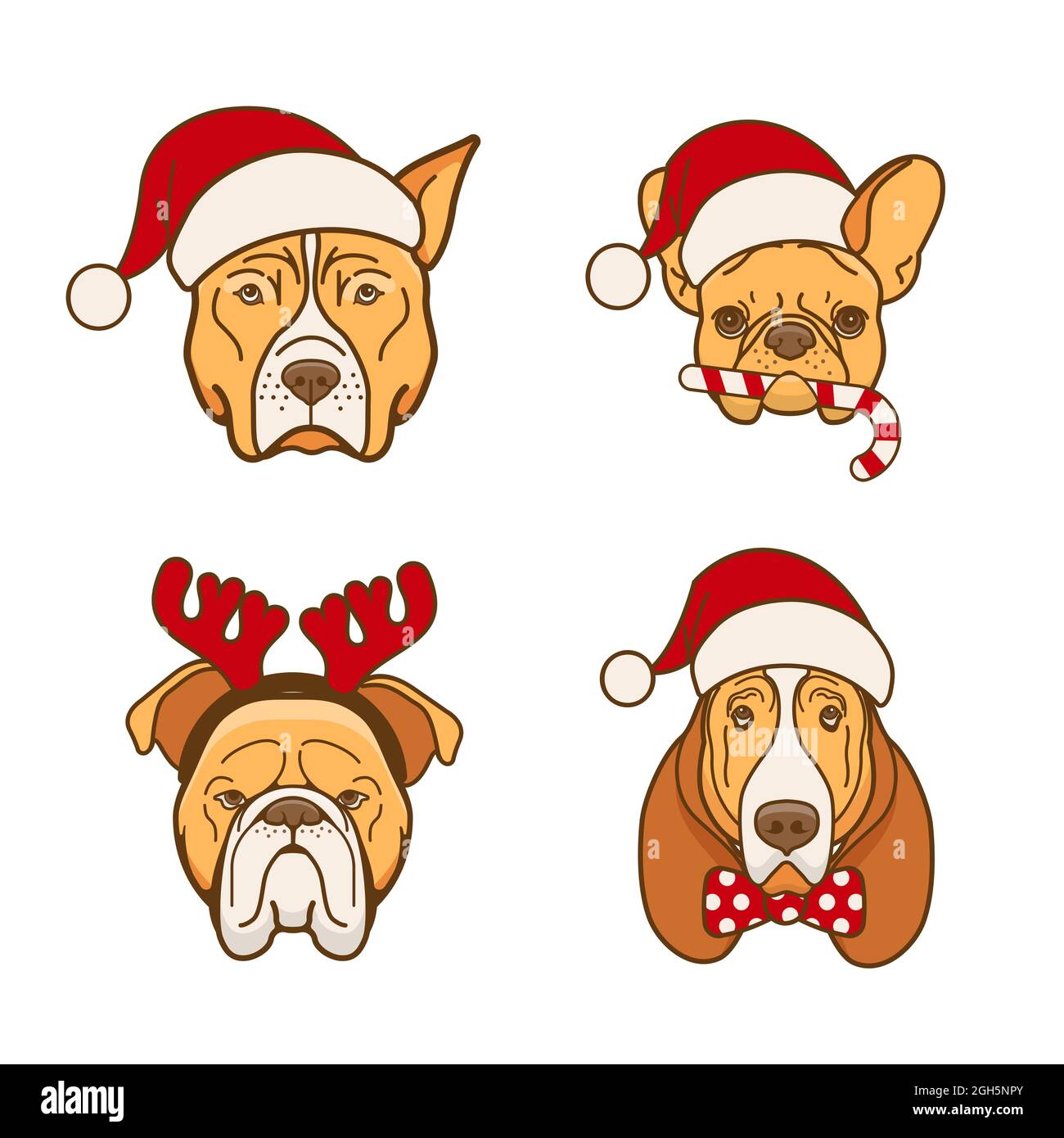 Quattro cani in un cappello Babbo Natale Illustrazione Vettoriale