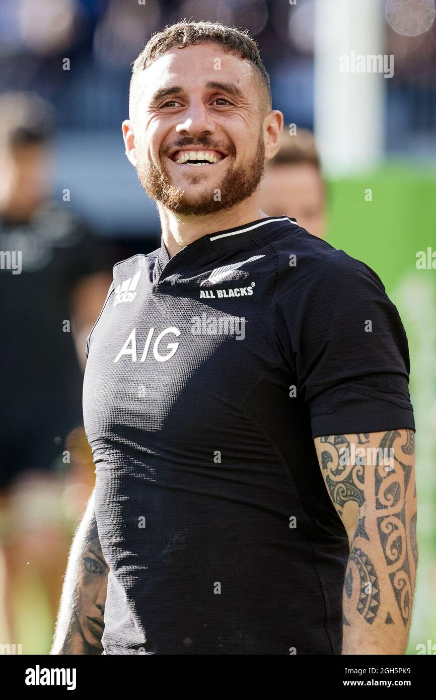 Perth, Australia, 5 Settembre, 2021. TJ Perenara degli All Blacks sorride dopo il campionato di rugby e la partita di Bledisloe Cup tra i Wallabies australiani e la Nuova Zelanda tutti neri. Credit: Graham Conaty/Speed Media/Alamy Live News Foto Stock