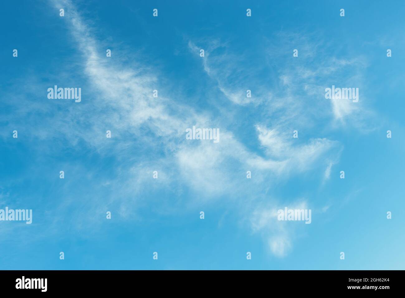 Nuvole di cirrus wispy nel cielo blu in una giornata di sole. Cielo estivo azzurro chiaro con nuvole traslucide sparse. Previsioni del tempo, vacanze, viaggi. Foto Stock