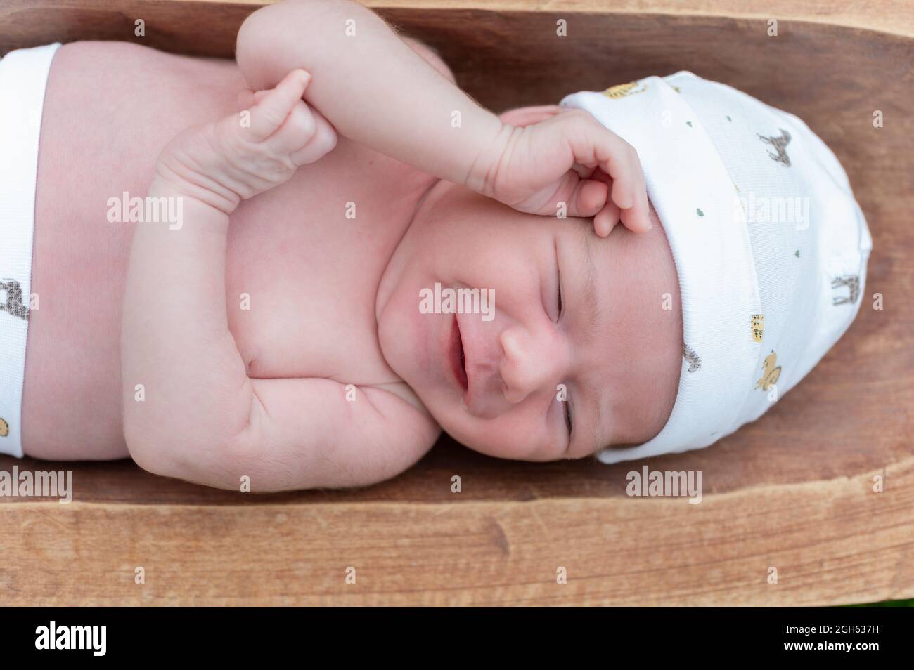 Vista dall'alto del bambino piccolo e carino che dorme mentre si trova in vasca di legno posta su erba verde Foto Stock