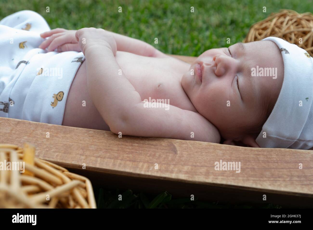 Carino piccolo neonato che dorme mentre si trova in vasca di legno posto su erba verde Foto Stock