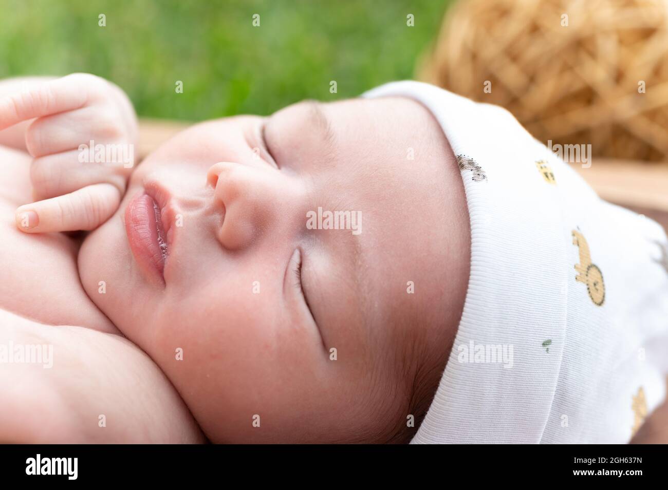 Carino piccolo neonato che dorme mentre si trova in vasca di legno posto su erba verde Foto Stock