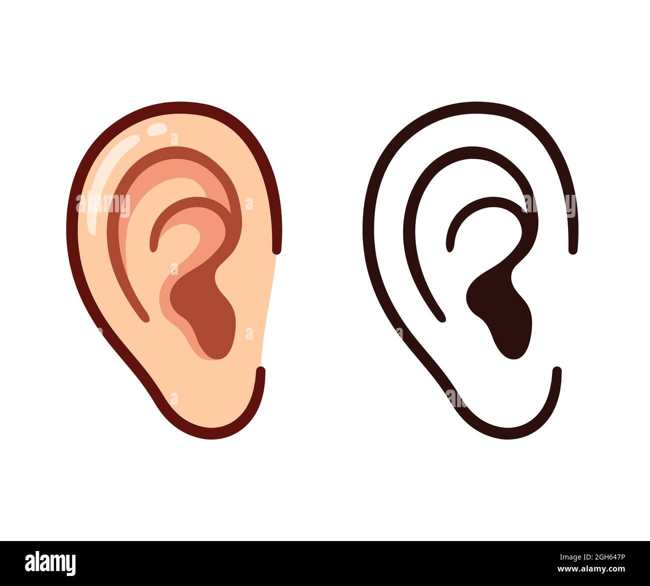 Icona dell'orecchio umano Cartoon, disegno di linea semplice. Colore e contorno bianco e nero. Illustrazione grafica del clip vettoriale isolato. Illustrazione Vettoriale