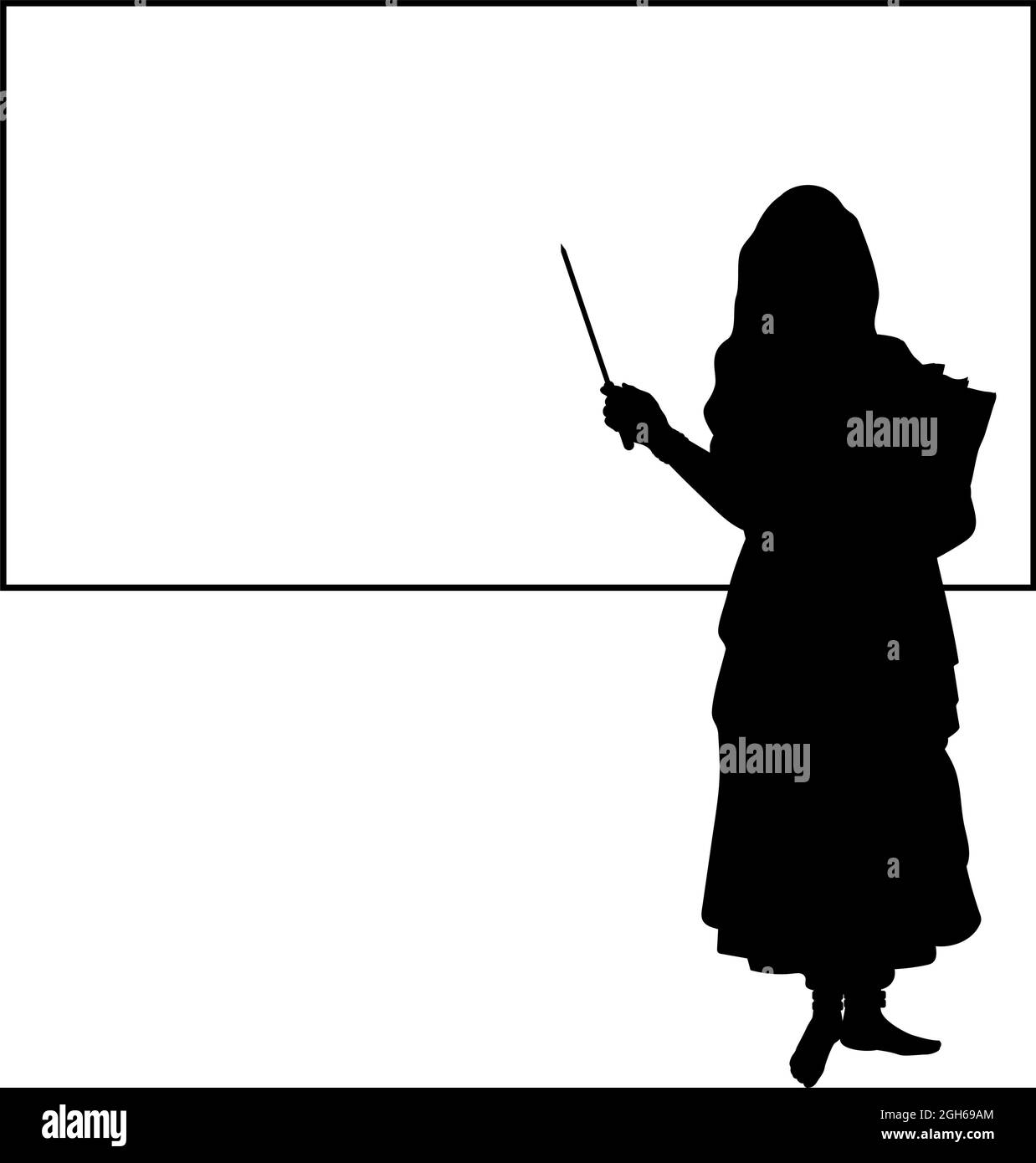 Silhouette insegnante di donna indiana di fronte alla lavagna. Icona del simbolo dell'illustrazione Illustrazione Vettoriale