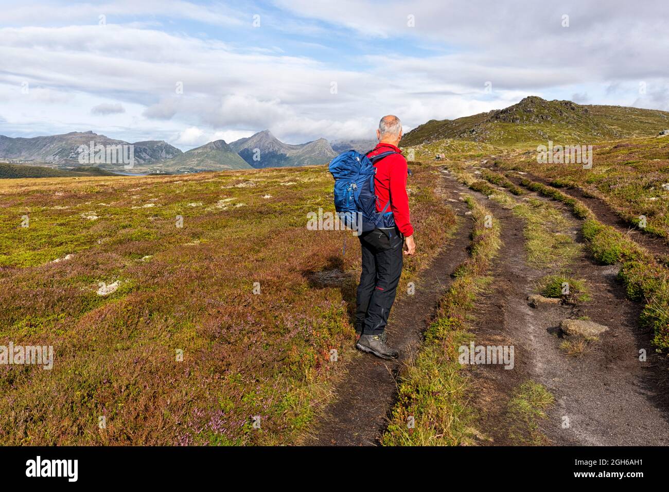 Un uomo con un pullover rosso si erge sul sentiero fino alla cima del Vetten e guarda il paesaggio. Vetten, Langøya, Bø, Vesterålen, Nordland, Norvegia, Foto Stock