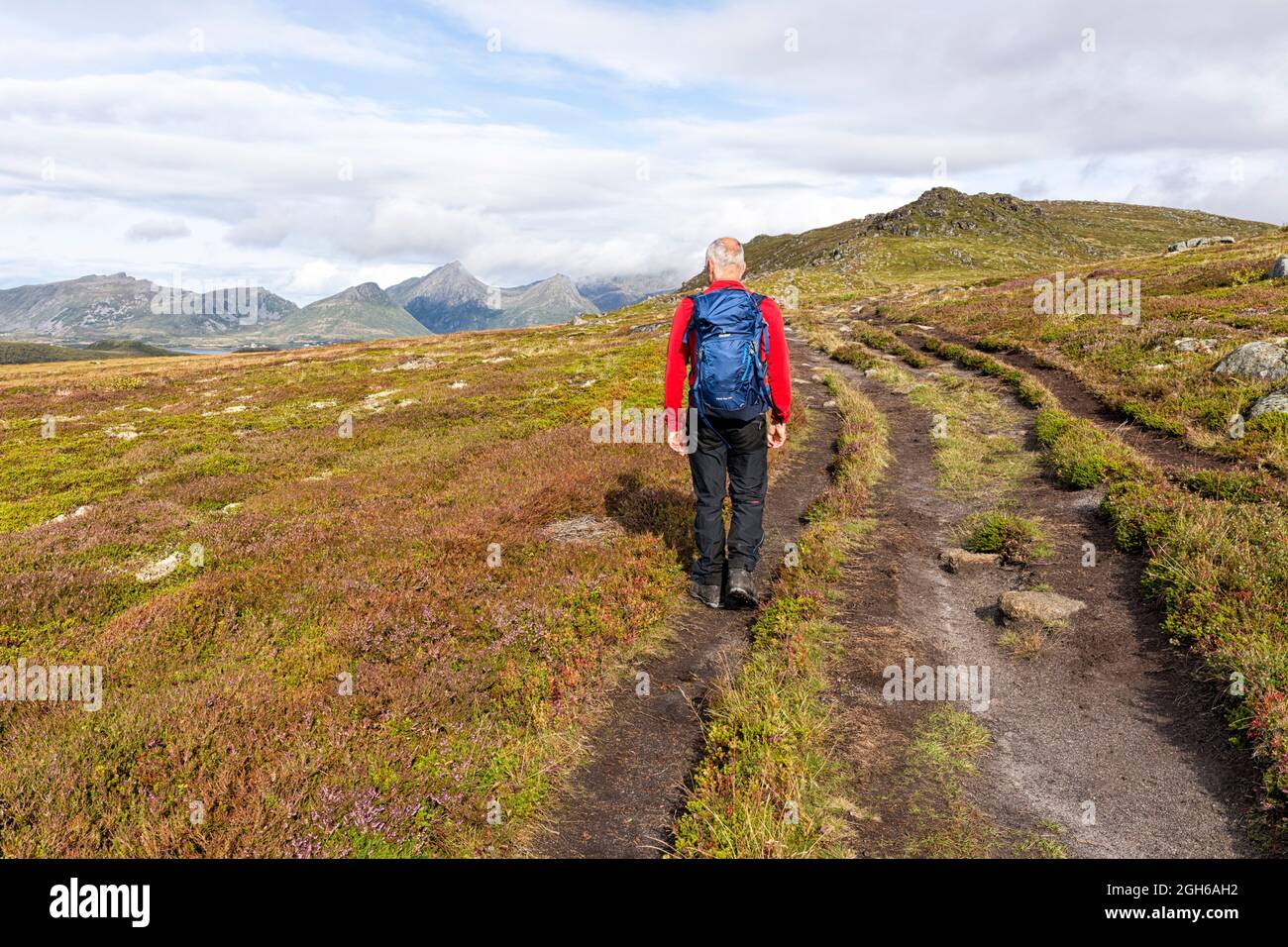 Un uomo con uno zaino si fa un'escursione sul sentiero fino alla cima del Vetten e guarda il paesaggio. Vetten, Langøya, Bø, Vesterålen, Nordland, Norvegia, Foto Stock