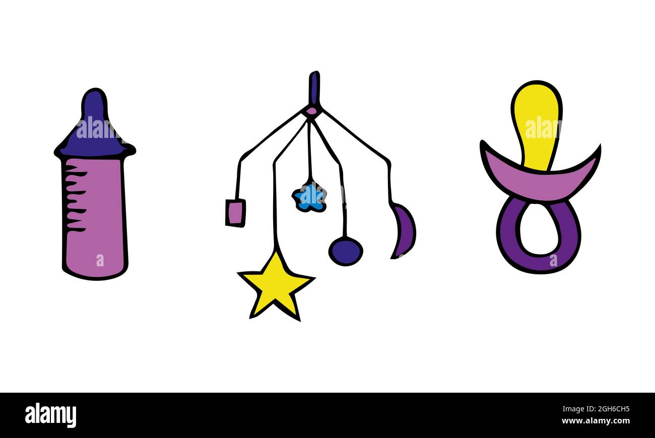 Illustrazione vettoriale con giocattoli per bambini, giocattoli musicali meccanici e biberon. Illustrazione Vettoriale