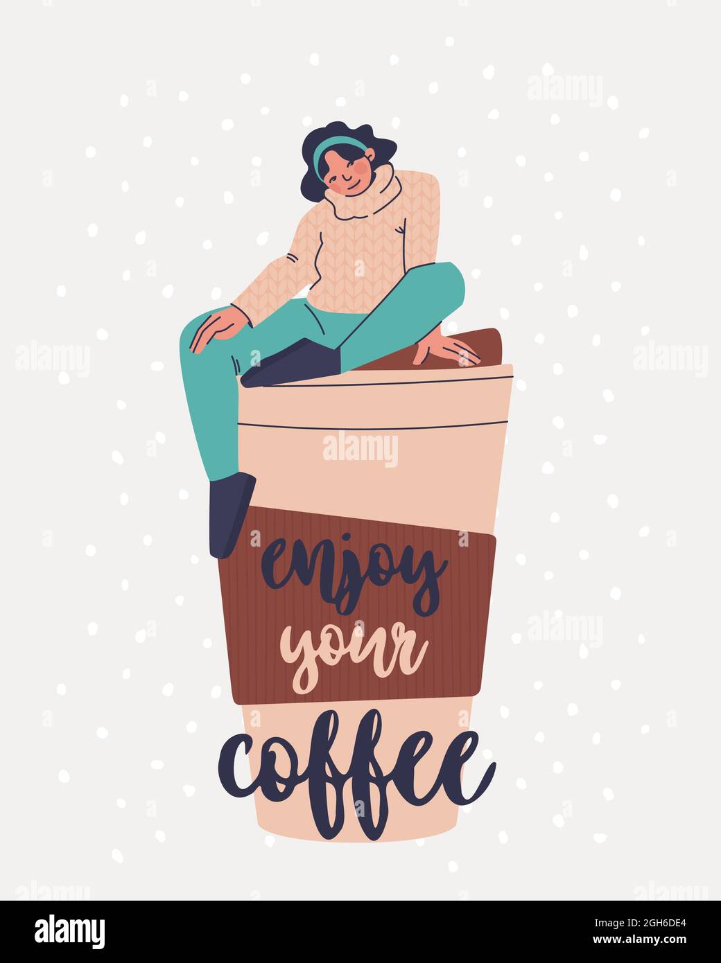 Cartolina con testo Godetevi il vostro caffè. Donna giovane carina in maglione seduto su tazza gigante di caffè. Illustrazione vettoriale alla moda. Illustrazione Vettoriale