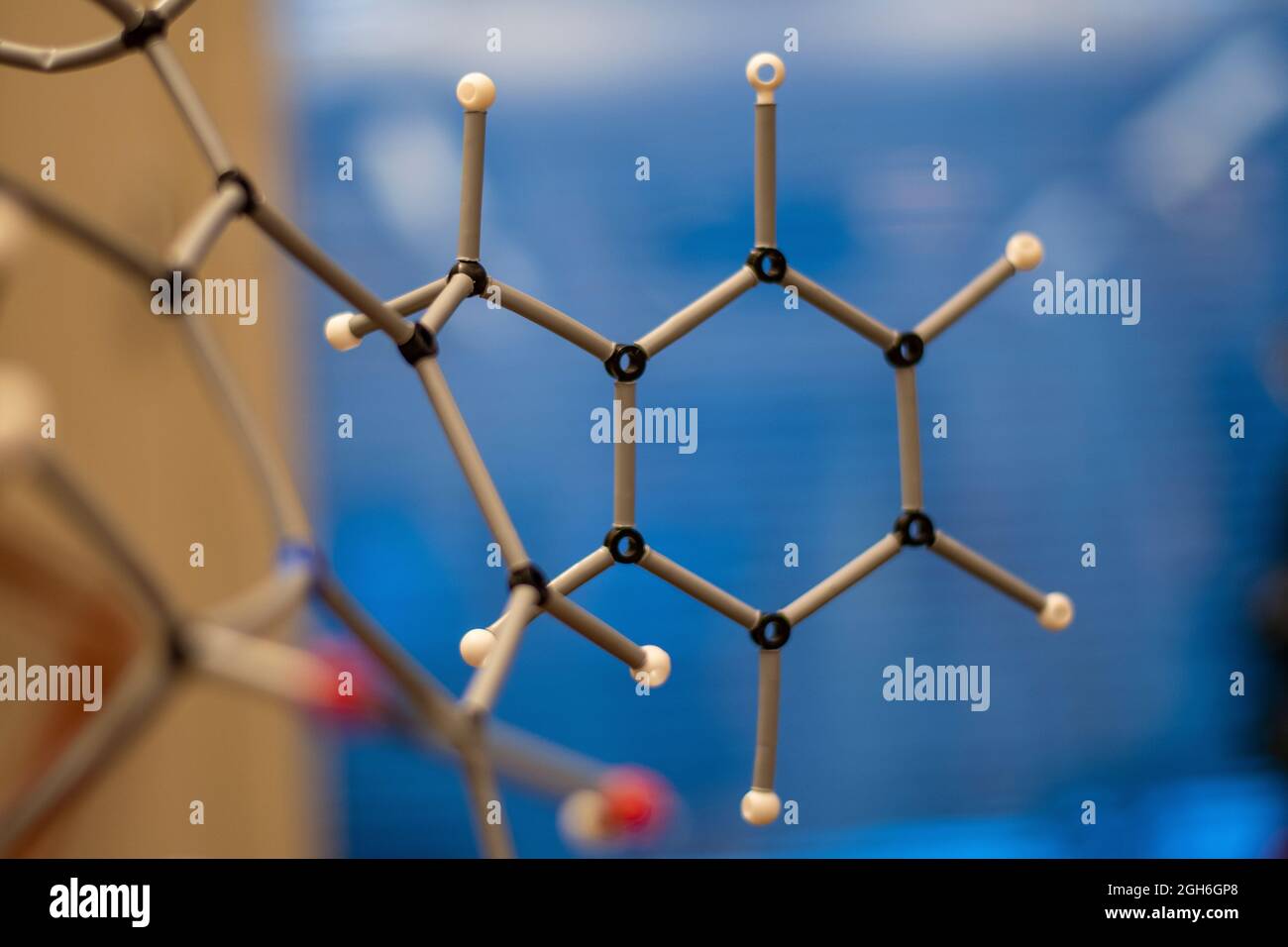 L'assemblaggio della struttura molecolare organica completa con sfondo sfocato per la comprensione della chimica in laboratorio Foto Stock