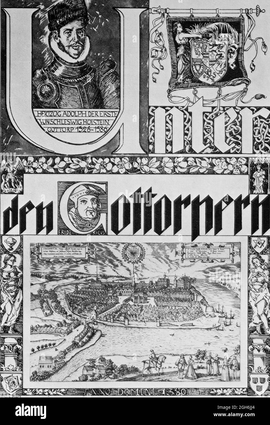 Frontespizio al capitolo Unter den Gottorpern o tra i Gottop, incisione storica del 1899, Kiel, Schleswig-Holstein, Germania settentrionale, Foto Stock