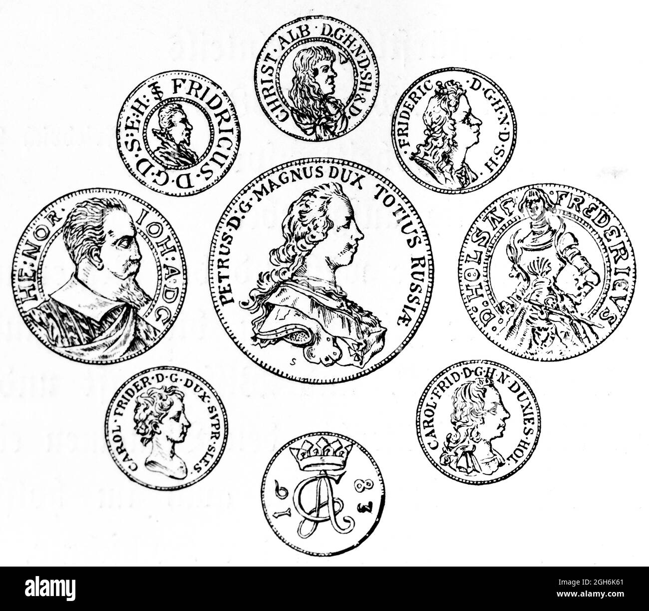 Monete internazionali con tratti di persone del Dukedom Holstein, incisione storica del 1899, Kiel, Schleswig-Holstein, Germania settentrionale, Foto Stock