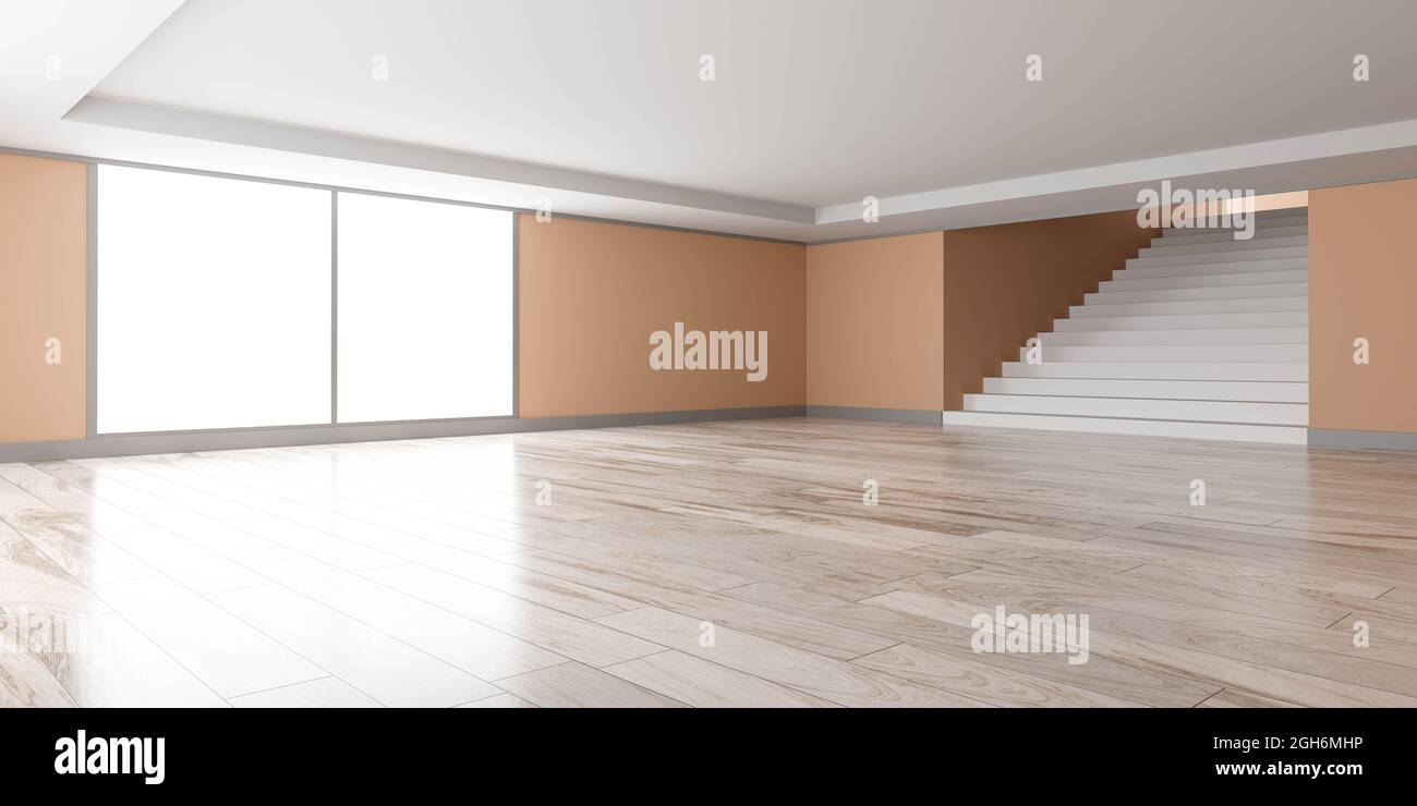 Stanza vuota con pareti arancioni e pavimento in legno rappresentazione 3d illustrazione Foto Stock