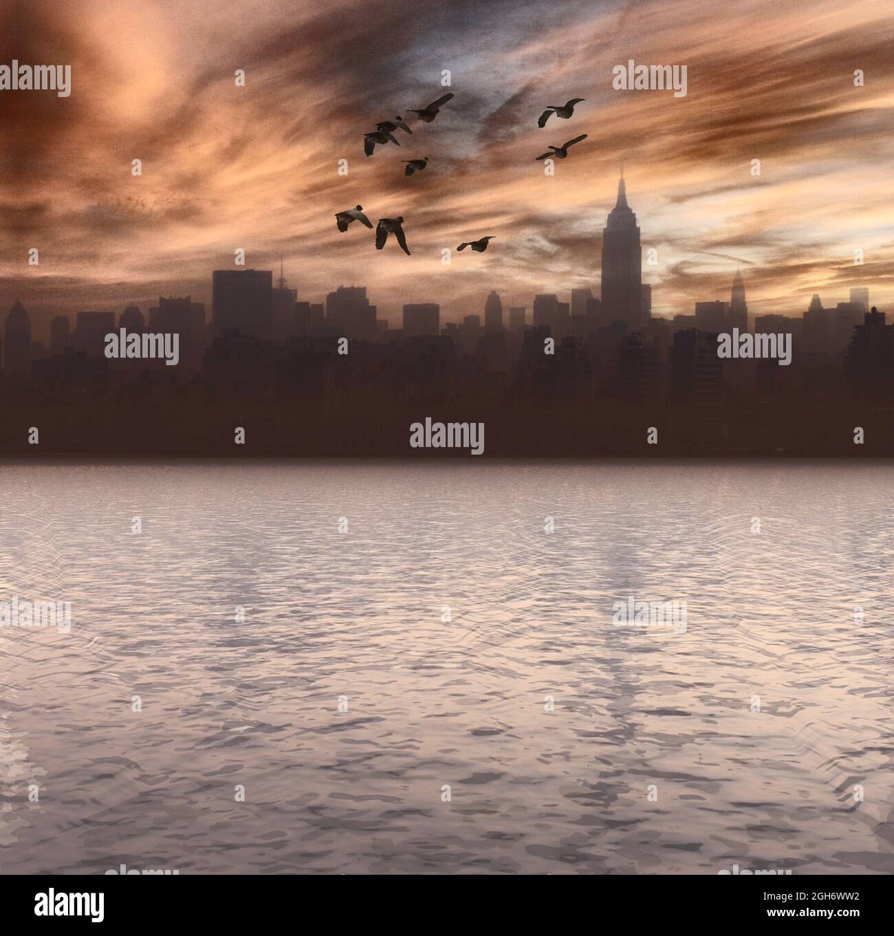 Lungomare della città di New York. Immagine panoramica. Il gregge di uccelli vola nel cielo. Rendering 3D Foto Stock