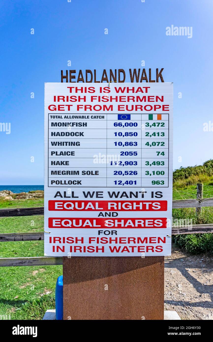 Un poster che protesta le quote di pesce irlandesi visto a Clogherhead County Louth, Irlanda. Foto Stock