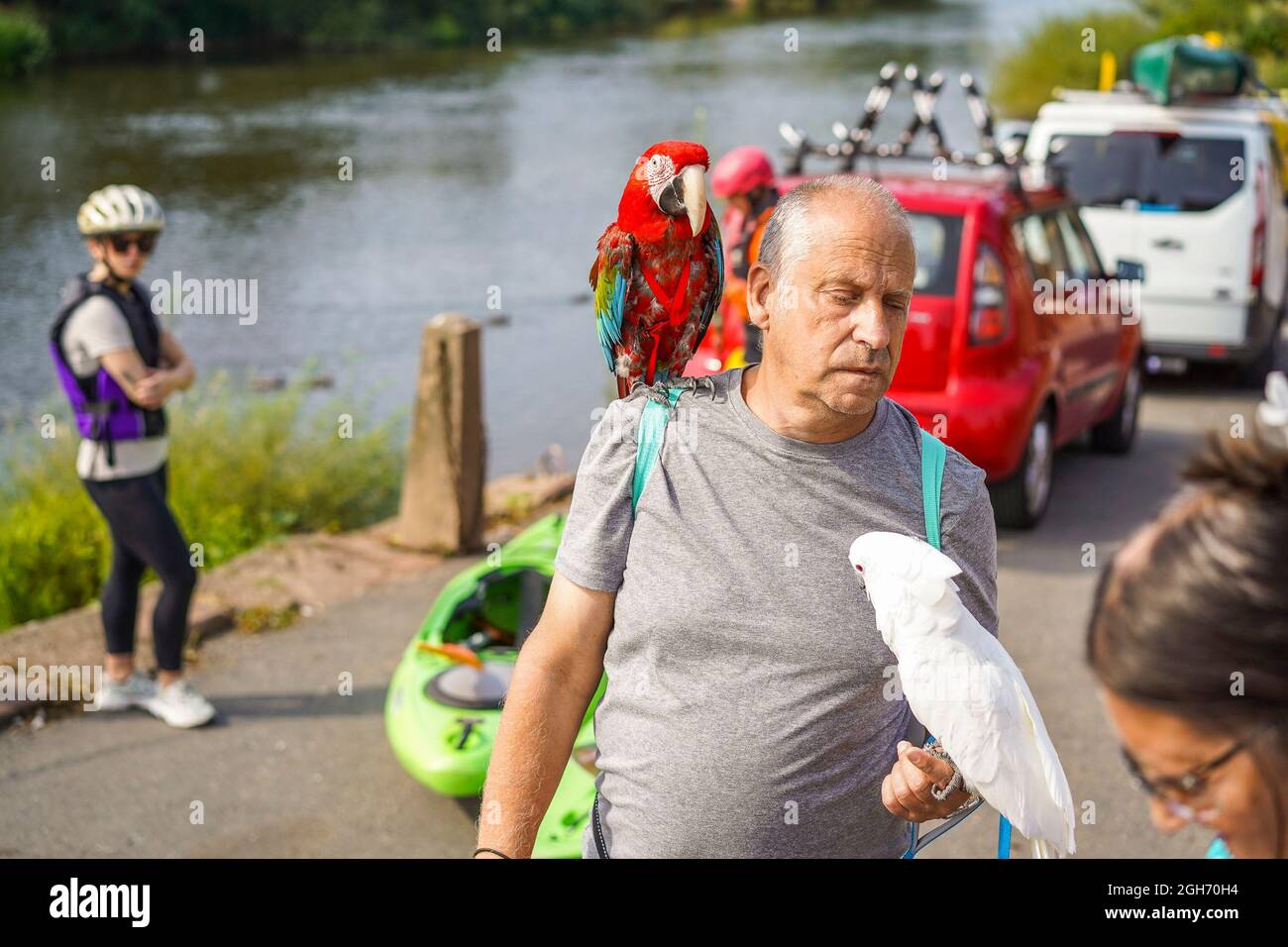 Arley. REGNO UNITO. 5 Settembre 2021. Tempo britannico: Con le alte temperature di oggi, e previsioni per i prossimi giorni, il sole, clima caldo certamente porta turisti di ogni tipo in campagna. Questa famiglia, compresi i pappagalli per animali domestici, sembra godere di una pausa dalla vita cittadina con una rinfrescante passeggiata vicino al fiume a Arley, Worcestershire. Credit: Lee Hudson/Alamy Live News Foto Stock