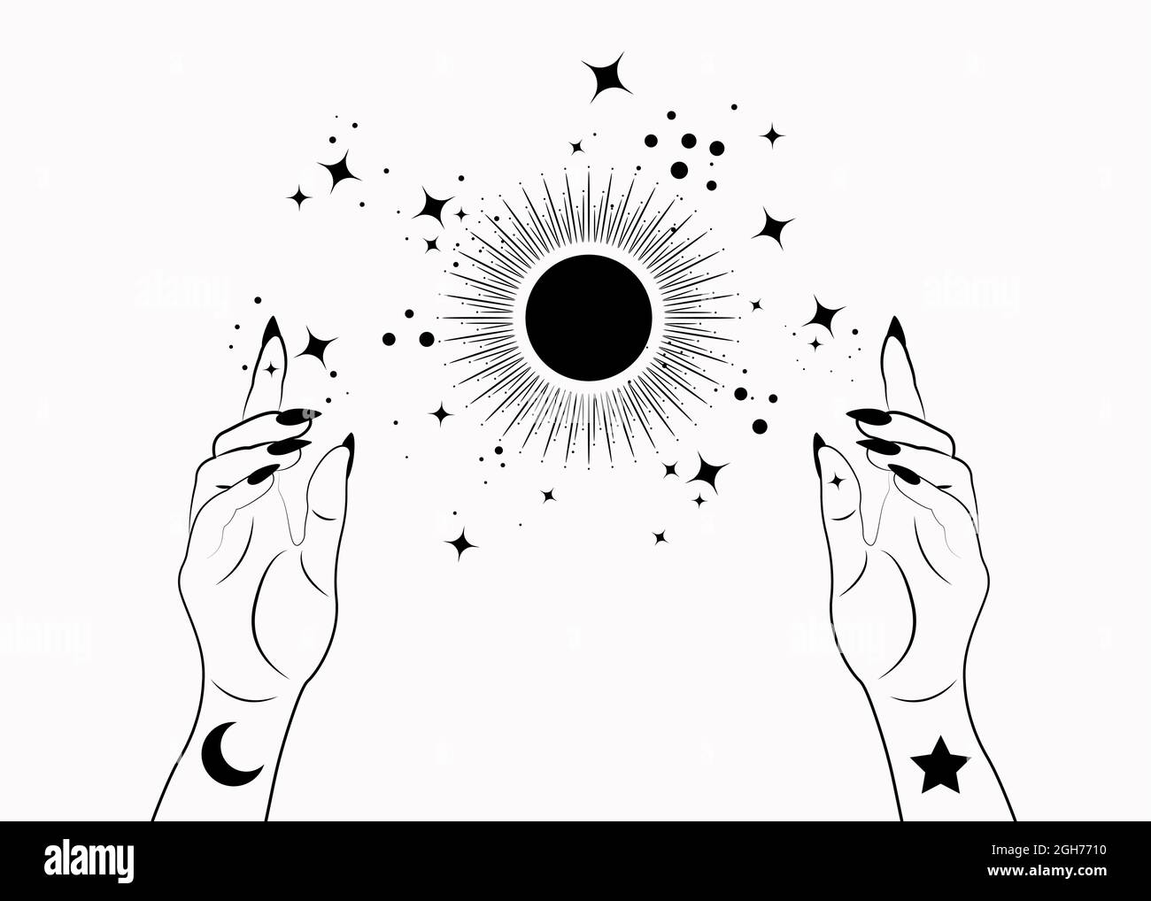 Mistica Donna mani alchimia esoterico magico sole simbolo, geometria Sacra. Logo Boho in tatuaggio con contorno nero. Occultismo spirituale segno di wicca Illustrazione Vettoriale