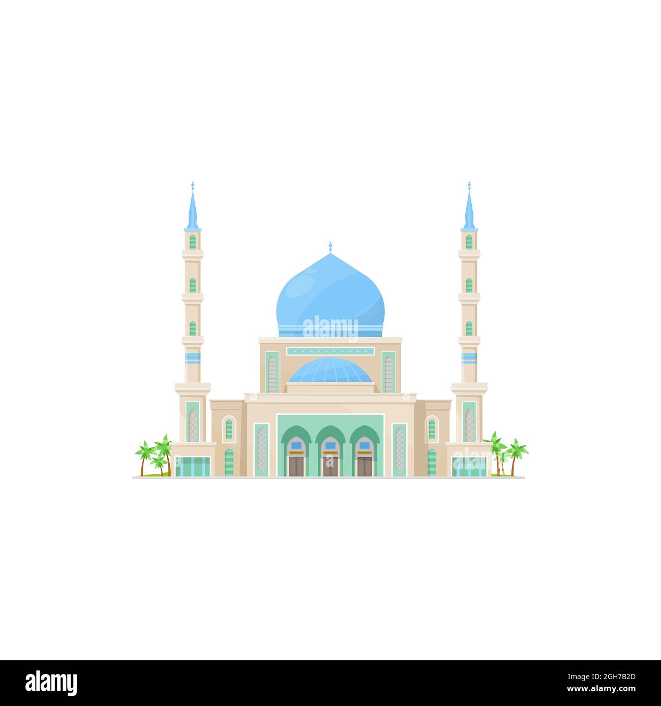 Moschea musulmana con cupola superiore isolato religione islamica edificio. Architettura religiosa araba vettoriale, casa sultana, luogo di preghiera con palme, il carotoo Illustrazione Vettoriale