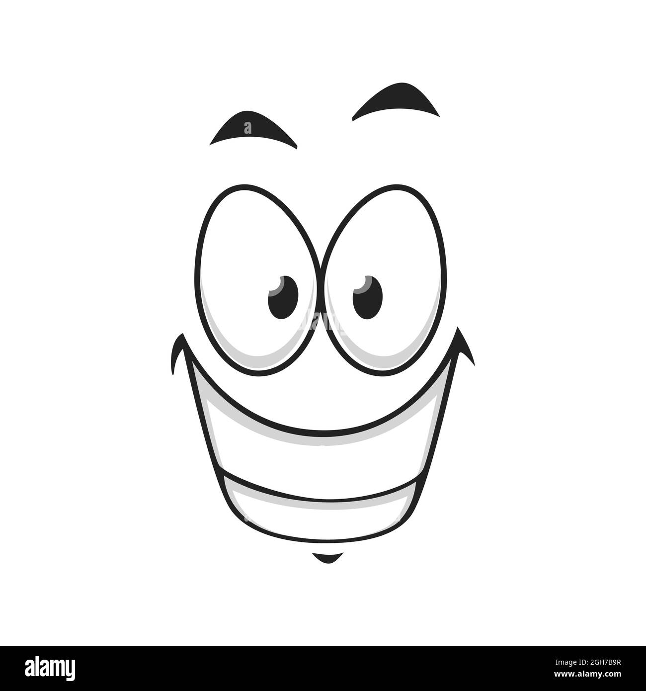 Happy cartoon faccia isolato vettore icona, ampio sorriso viso emoji. Emozione divertente, faccia comica con bocca sorridente tooty e occhi aperti rotondi isolano Illustrazione Vettoriale