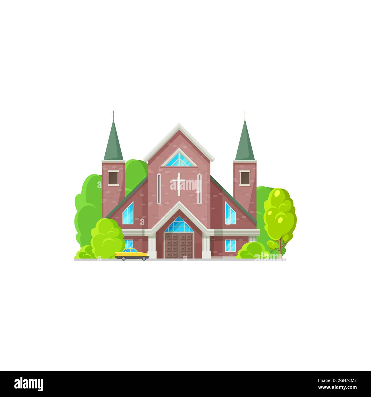 Chiesa cattolica o evangelica architettura religiosa isolata. Vector cattedrale medievale, torre campanile per celebrare matrimoni e cerimonie funerarie, facciata Illustrazione Vettoriale