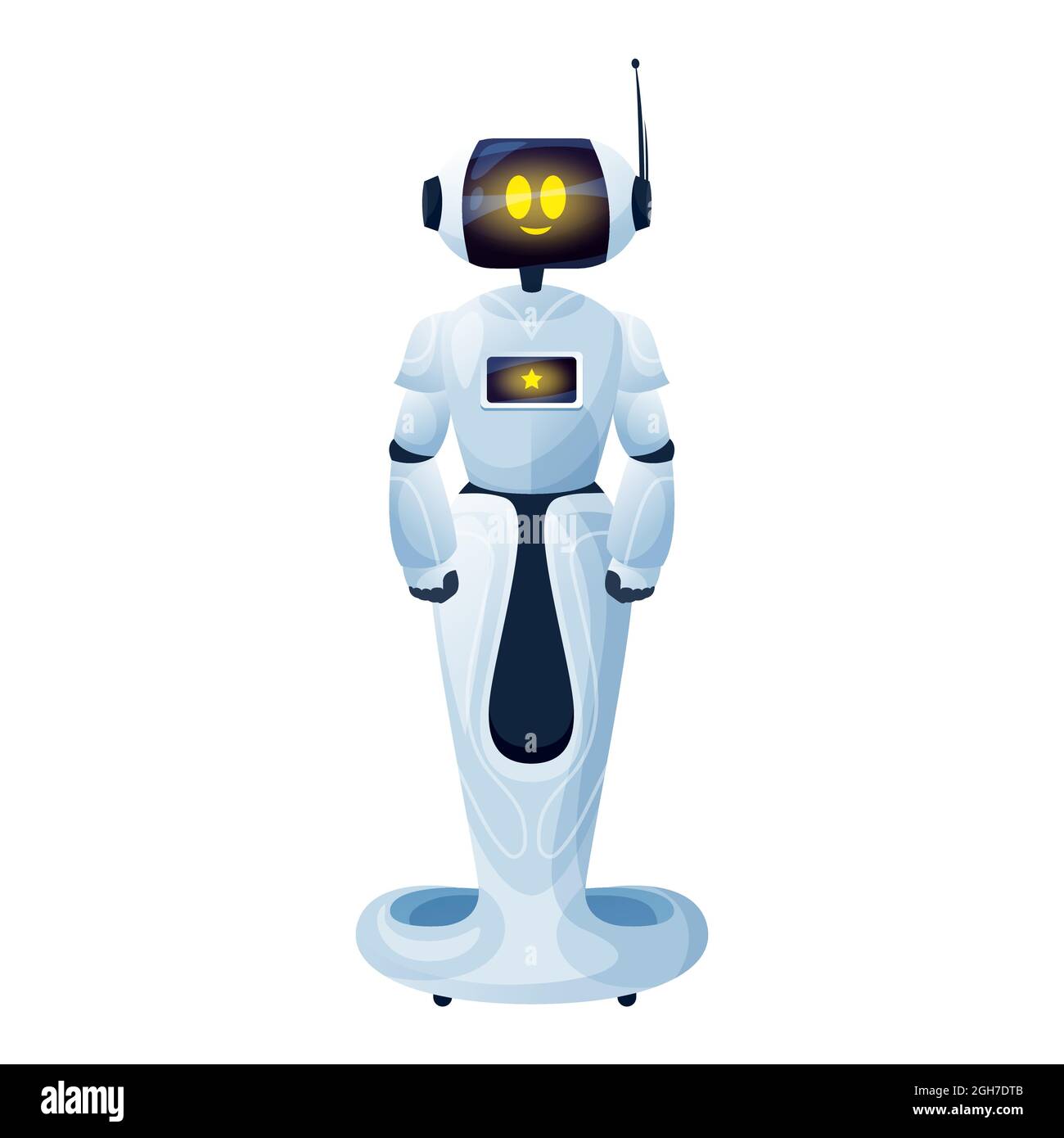 Intelligenza artificiale robot macchina robot uomo su stand isolato. Giocattolo Vector android sul telecomando, chatbot assistente robot intelligente. Automatico Illustrazione Vettoriale