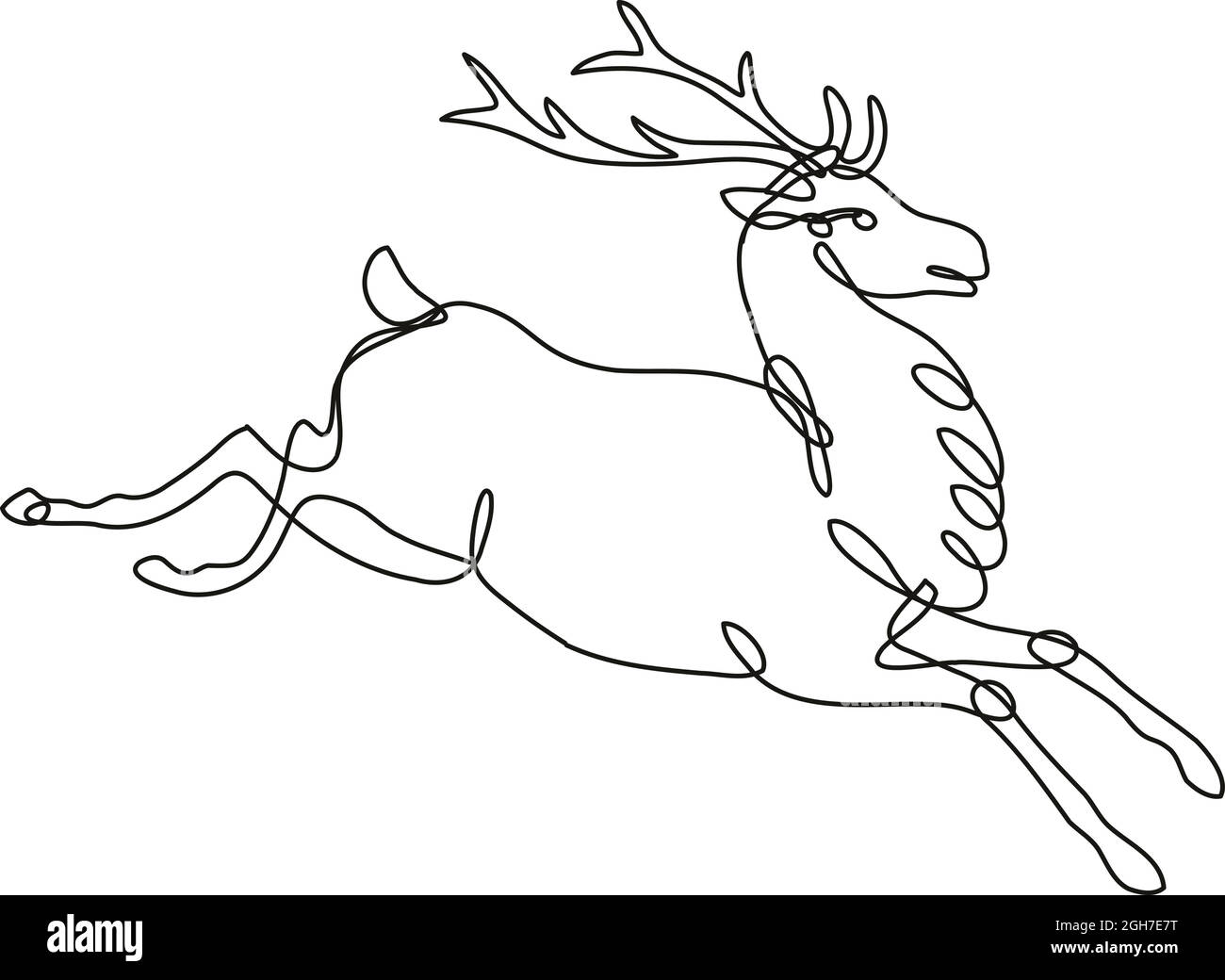 Illustrazione di un disegno a linea continua di una vista laterale di un cervo rosso o di un buck jumping eseguita in una linea mono o in uno stile di doodle in bianco e nero su bac isolato Illustrazione Vettoriale