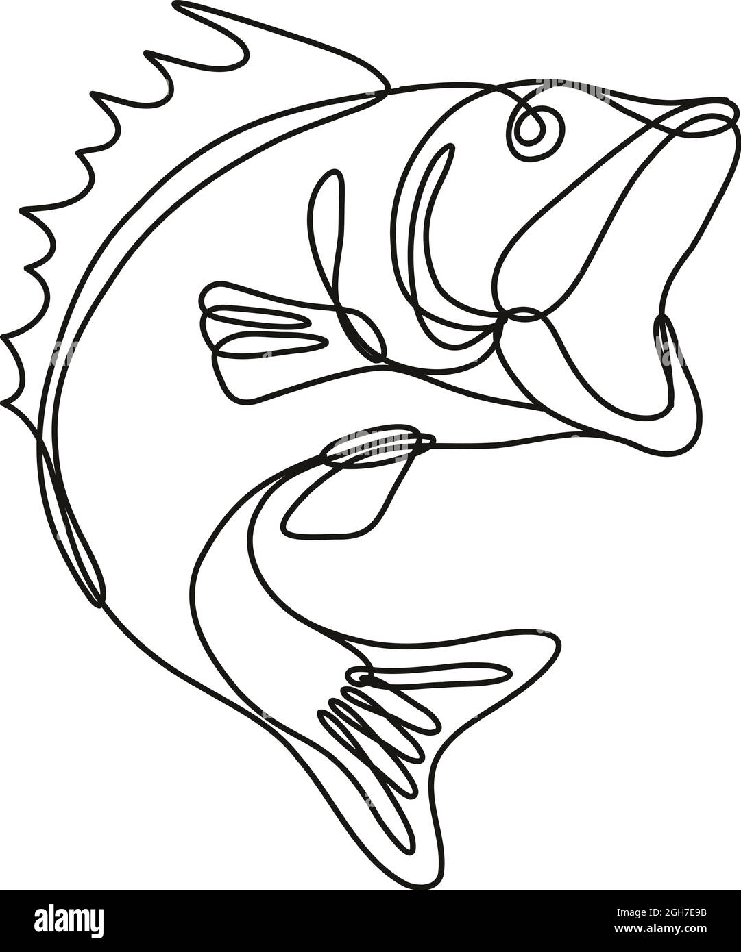 Illustrazione continua di un basso a larga altezza che salta in mono line o in bianco e nero su sfondo isolato. Illustrazione Vettoriale
