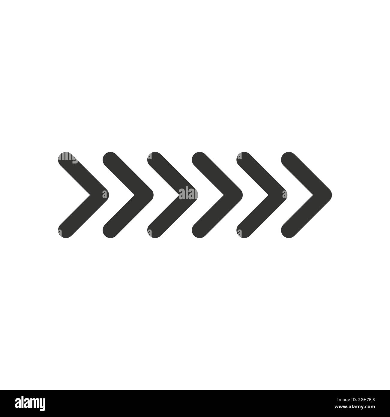 Frecce vettoriali nere rivolte a destra, sei frecce in fila. Segnaletica per la svolta. Illustrazione del vettore di scorta isolata su sfondo bianco. Illustrazione Vettoriale