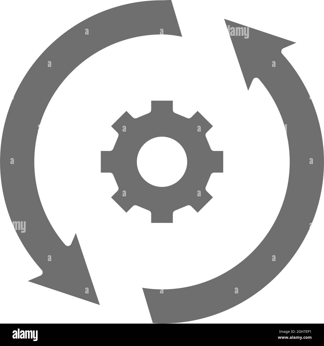 Ruota dentata con due frecce, processo, icona grigia di aggiornamento del sistema. Illustrazione Vettoriale