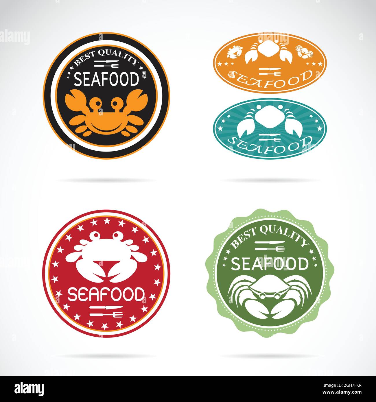 Set di etichette vettoriali per granchio di pesce su sfondo bianco. Illustrazione vettoriale a livelli facilmente modificabile. Cibo. Illustrazione Vettoriale