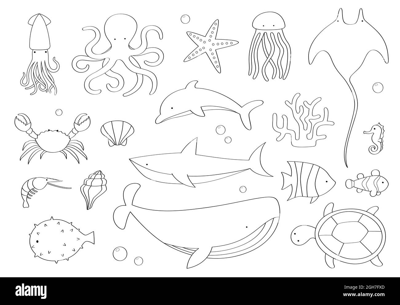 Doodle set di creature marine su sfondo bianco. Illustrazione Vettoriale