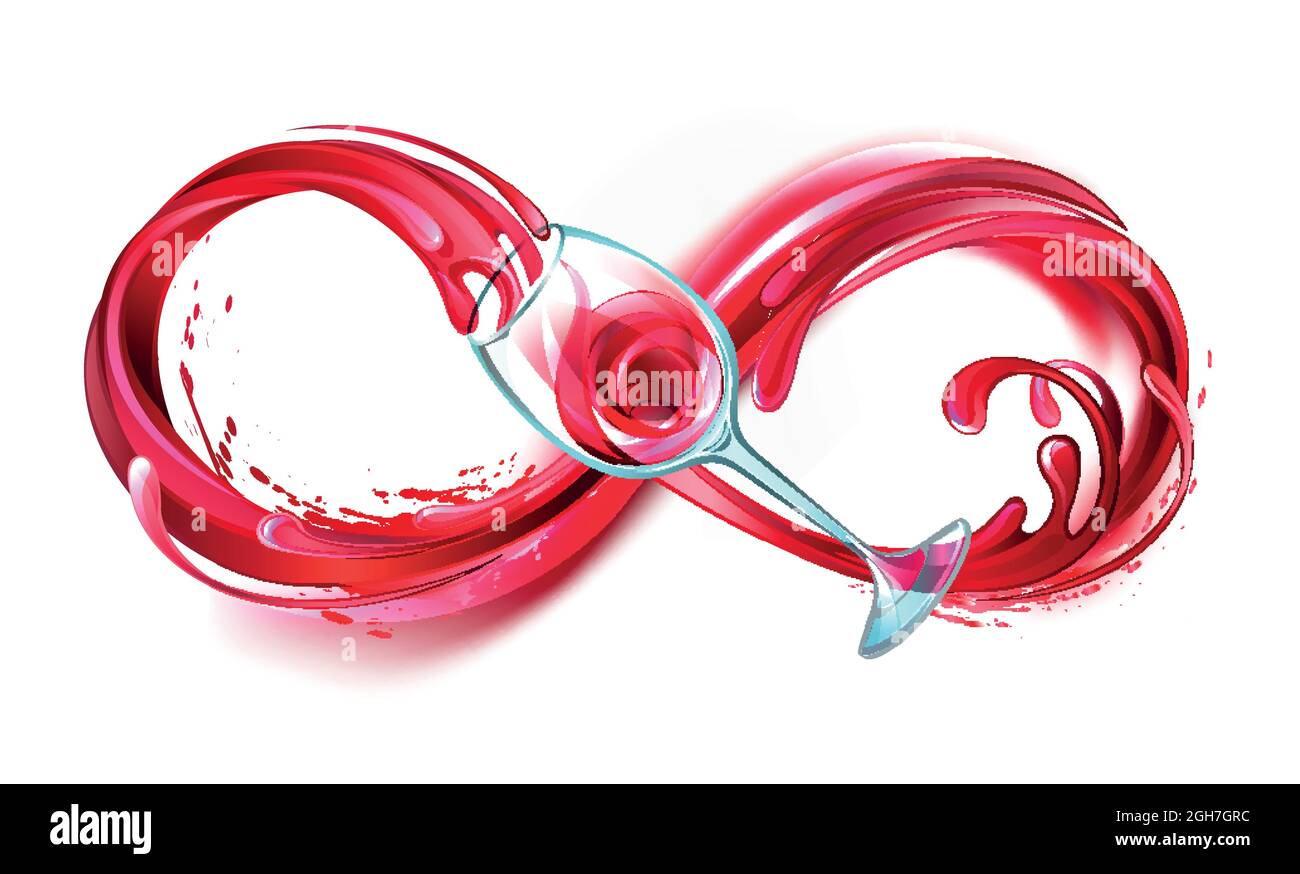 Simbolo infinito di flusso continuo di vino rosso che si versa in un bicchiere di vetro su sfondo bianco. Illustrazione Vettoriale