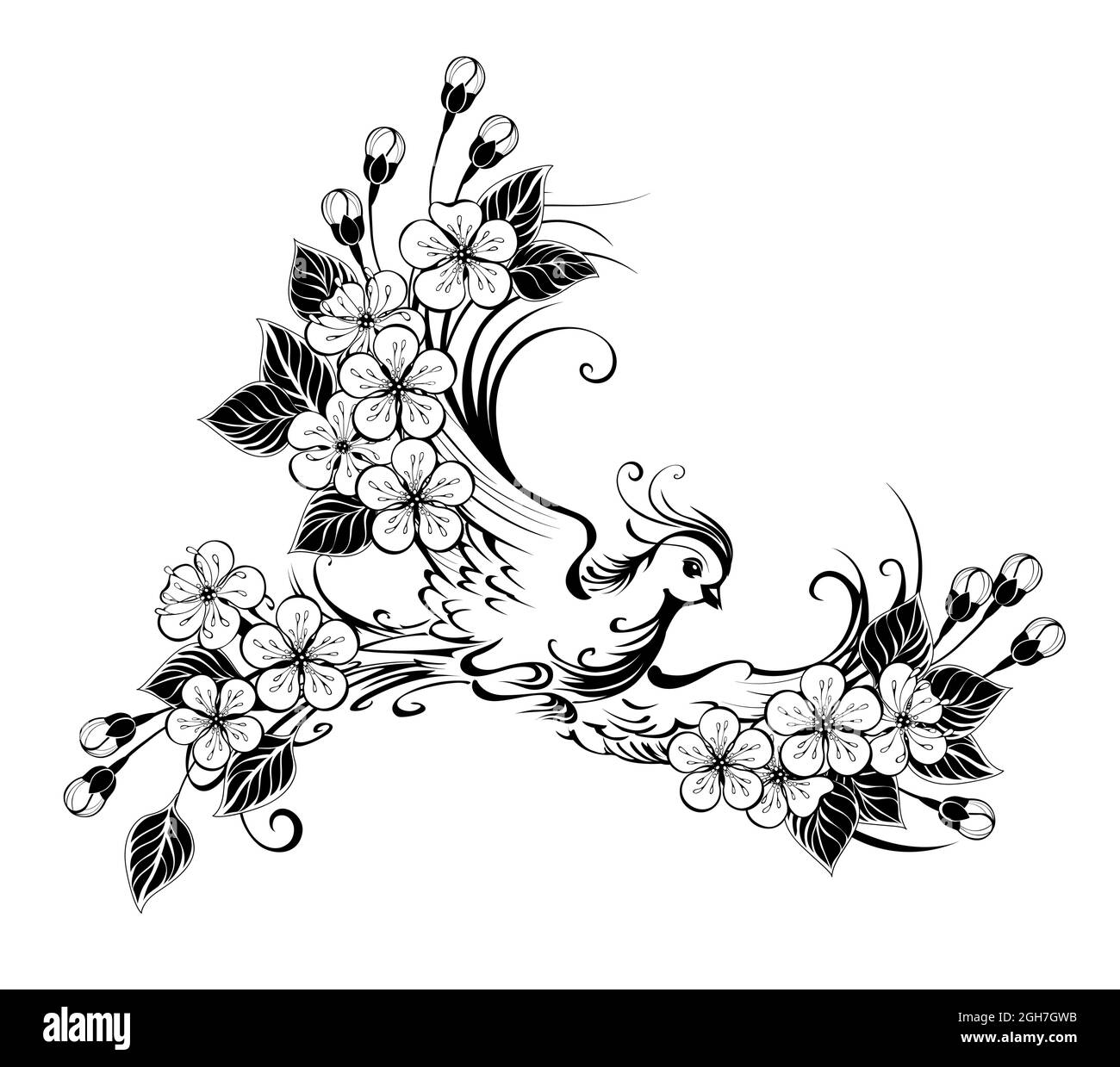 Disegnato artisticamente, contorno, uccello volante con ali decorate con fiori su sfondo bianco. Illustrazione Vettoriale