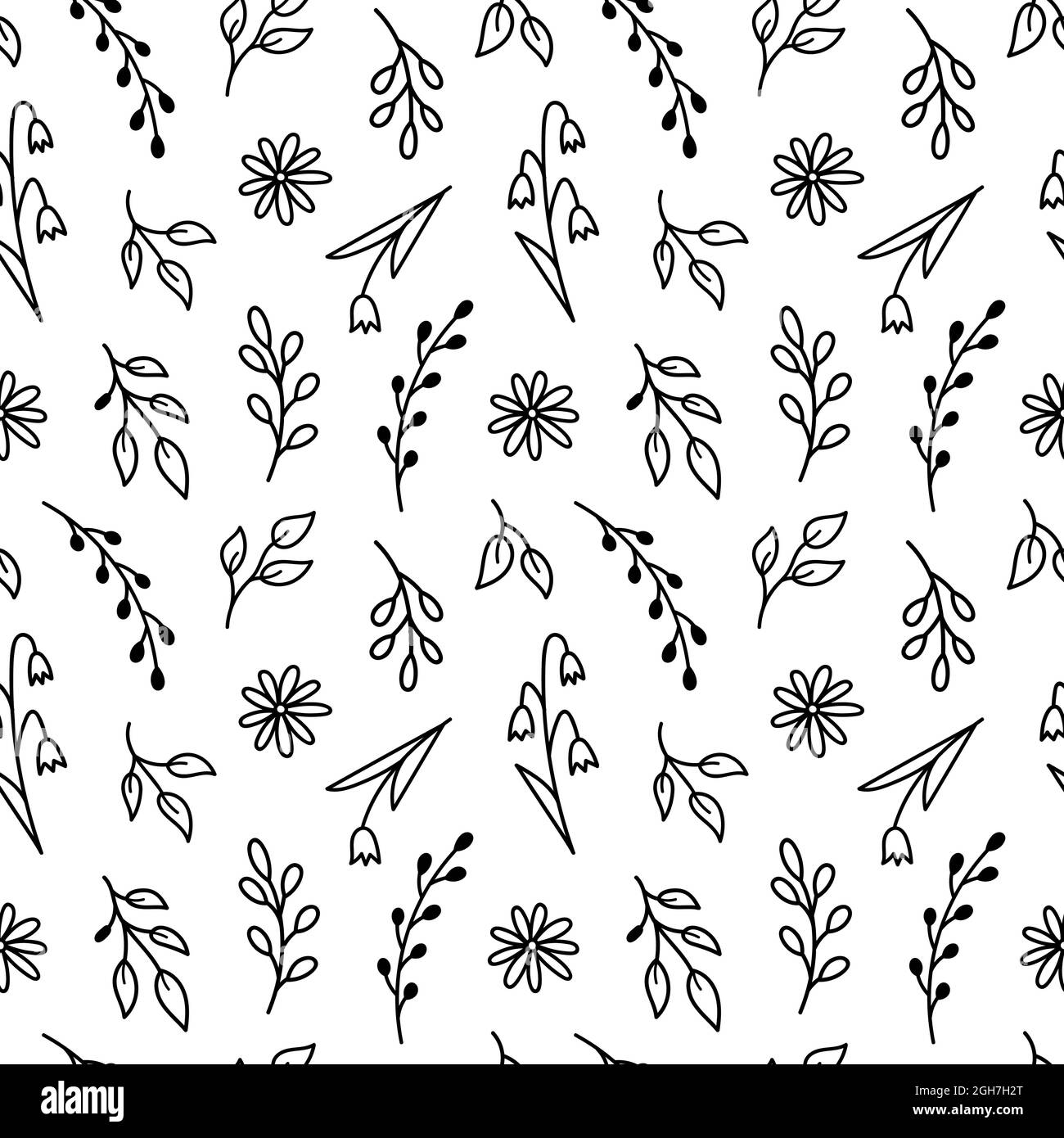 Modello senza giunture botanico con piccoli fiori e ramoscelli. Sfondo floreale astratto. Vettore disegno a mano illustrazione in doodle style.Perfect per carte, decorazione, inviti, carta da imballaggio, carta da parati Illustrazione Vettoriale