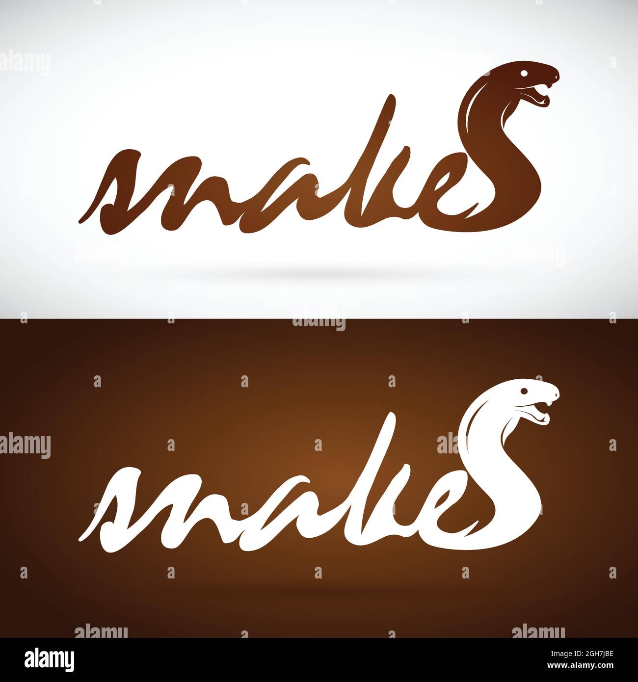 L'immagine vettoriale di un serpente di disegno è testo su sfondo bianco e marrone, Logo, simbolo. Illustrazione vettoriale a livelli facilmente modificabile. Illustrazione Vettoriale