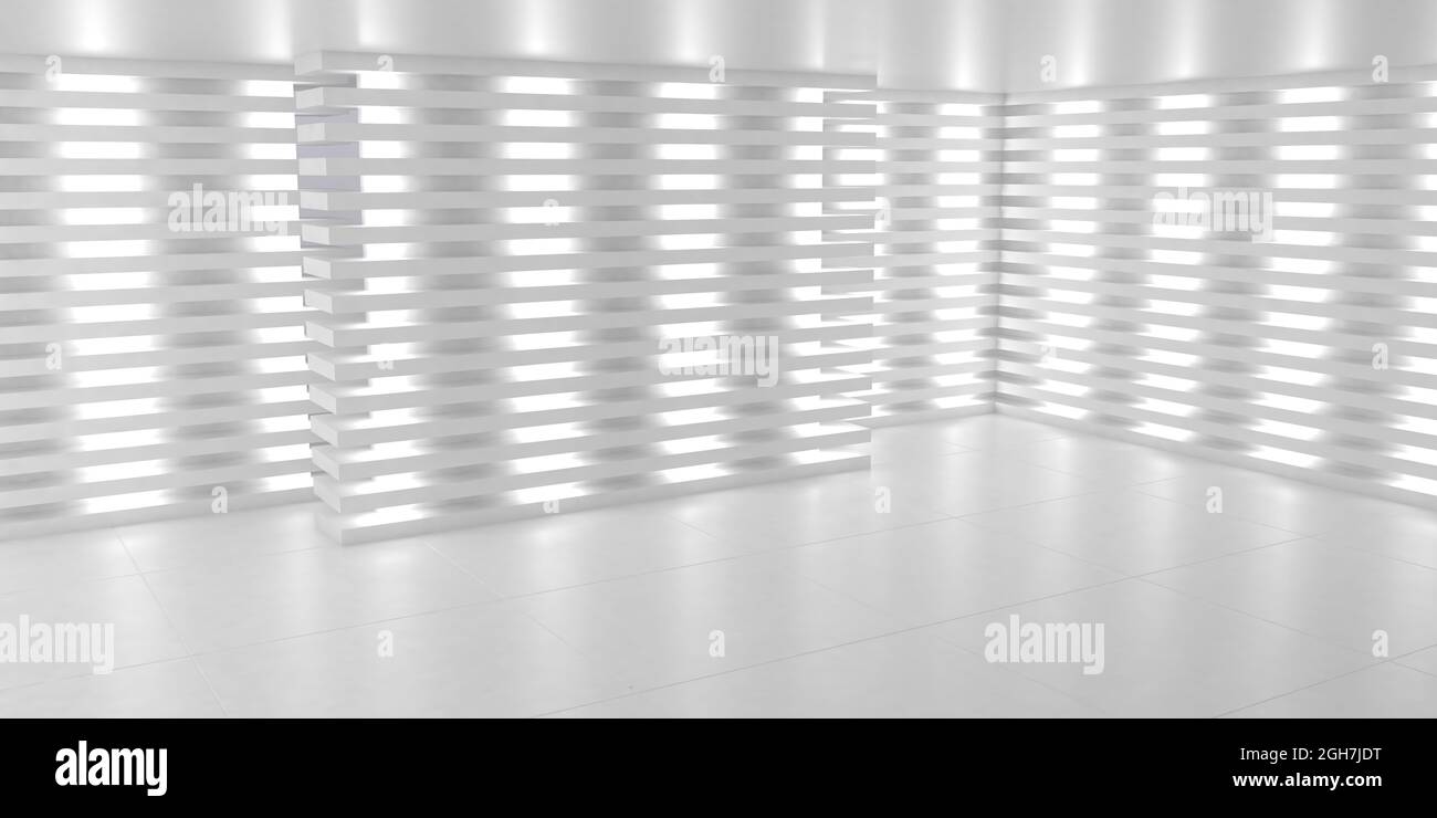 Semplice sfondo bianco vuoto interno palco. sala al neon bianca 3d. illustrazione 3d Foto Stock