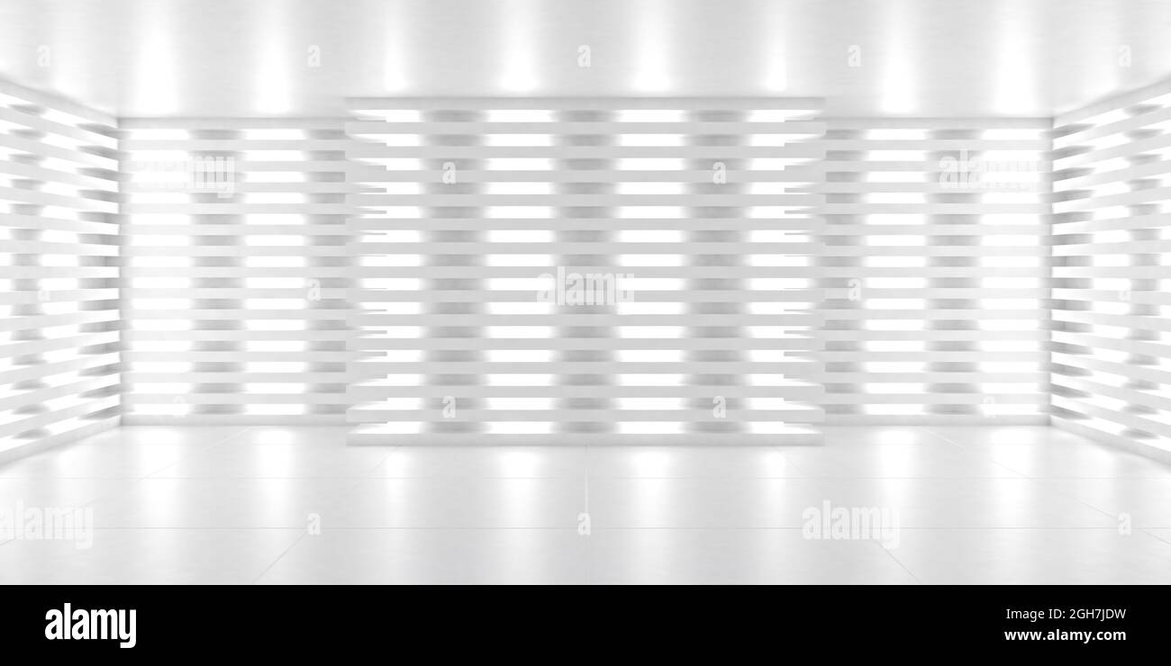 Semplice sfondo bianco vuoto interno palco. sala al neon bianca 3d. illustrazione 3d Foto Stock