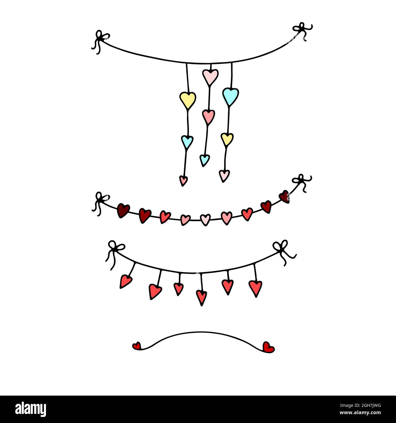 Set Doodle Valentines Day Garlands. Festone disegnato a mano isolato su sfondo bianco. Decorazione natalizia a colori con cuori, nastro, arco. Schizzo vettoriale Illustrazione Vettoriale